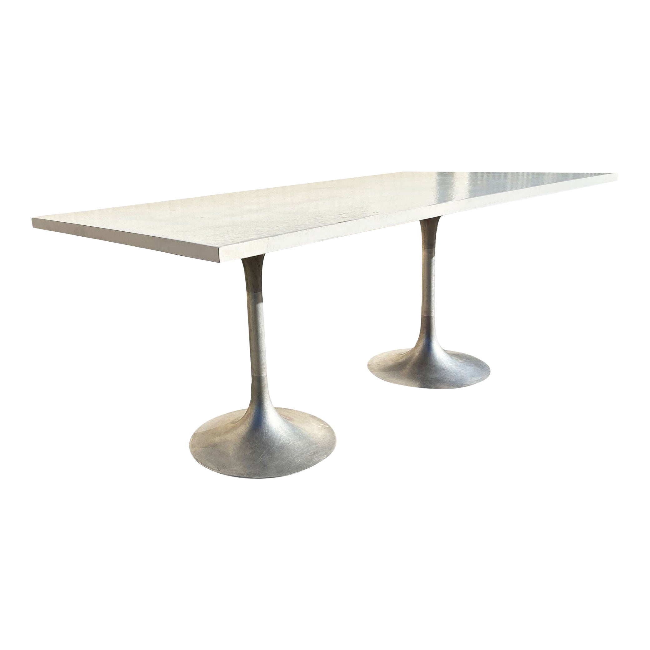 Eero Saarinen Style Double Tulip Base Dining Table W/ White Rectengular Top For Sale