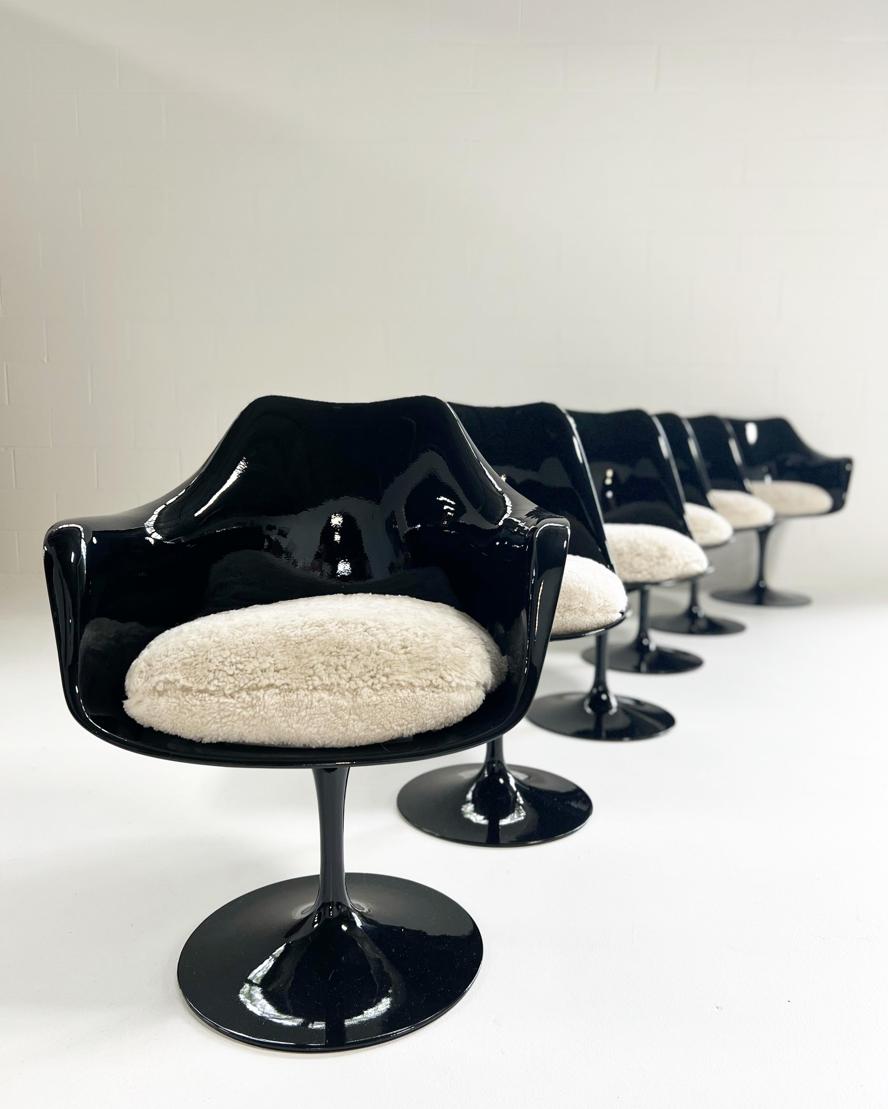 Mid-Century Modern Eero Saarinen Tulip Chairs with Custom Shearling Cushions, Set of 6