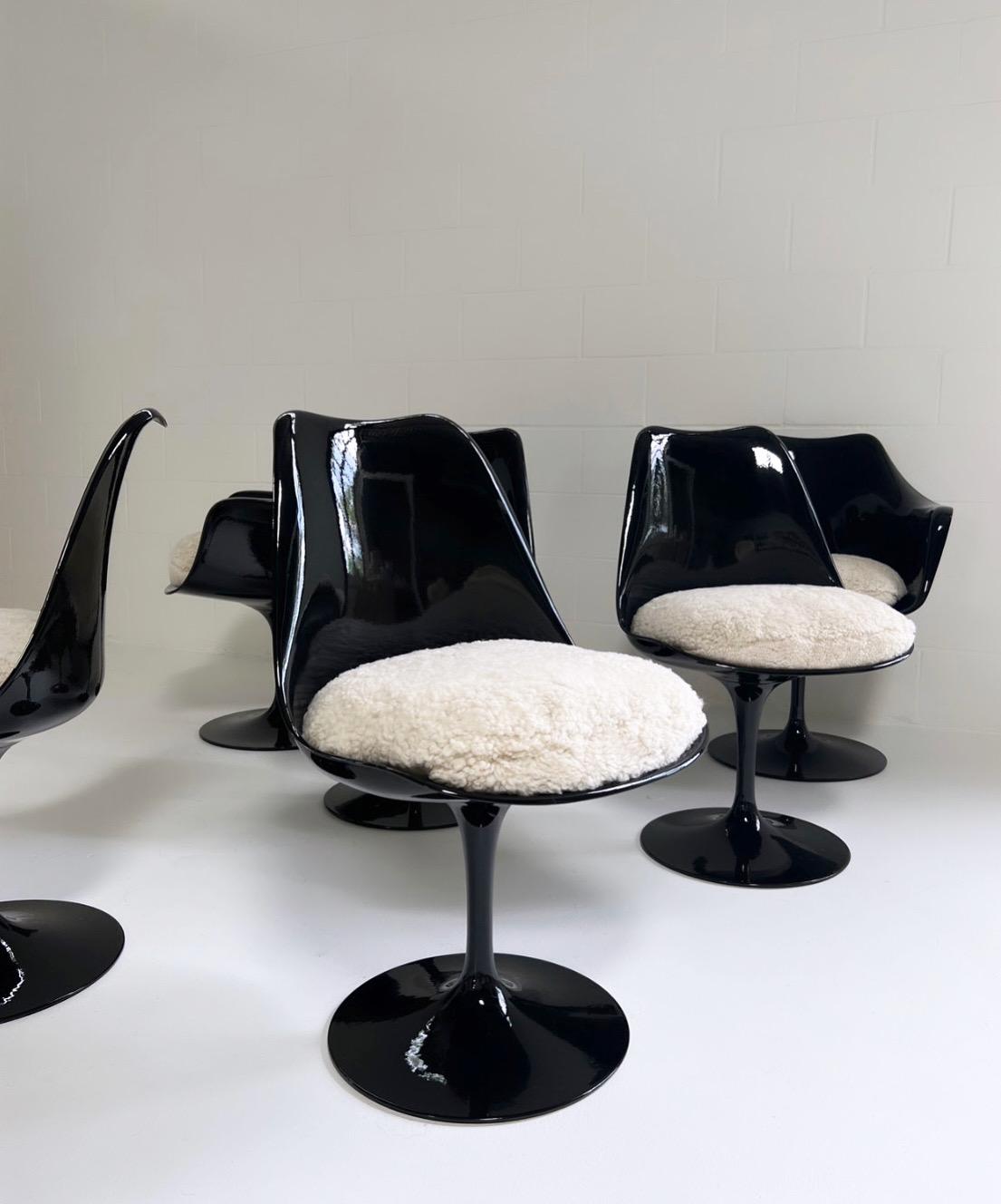 Sheepskin Eero Saarinen Tulip Chairs with Custom Shearling Cushions, Set of 6