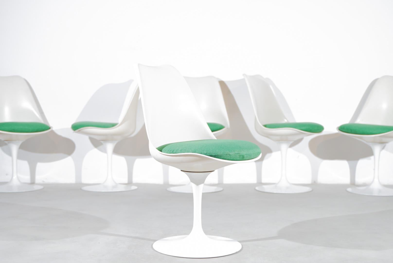 One of the Most famous designs of the mid Century. The tulip seriesClassic Tulip dining chairs designed in 1956 by Eero Saarinen for Knoll International. A defining accomplishment of modern design and a timeless addition to your home—a true Classic.