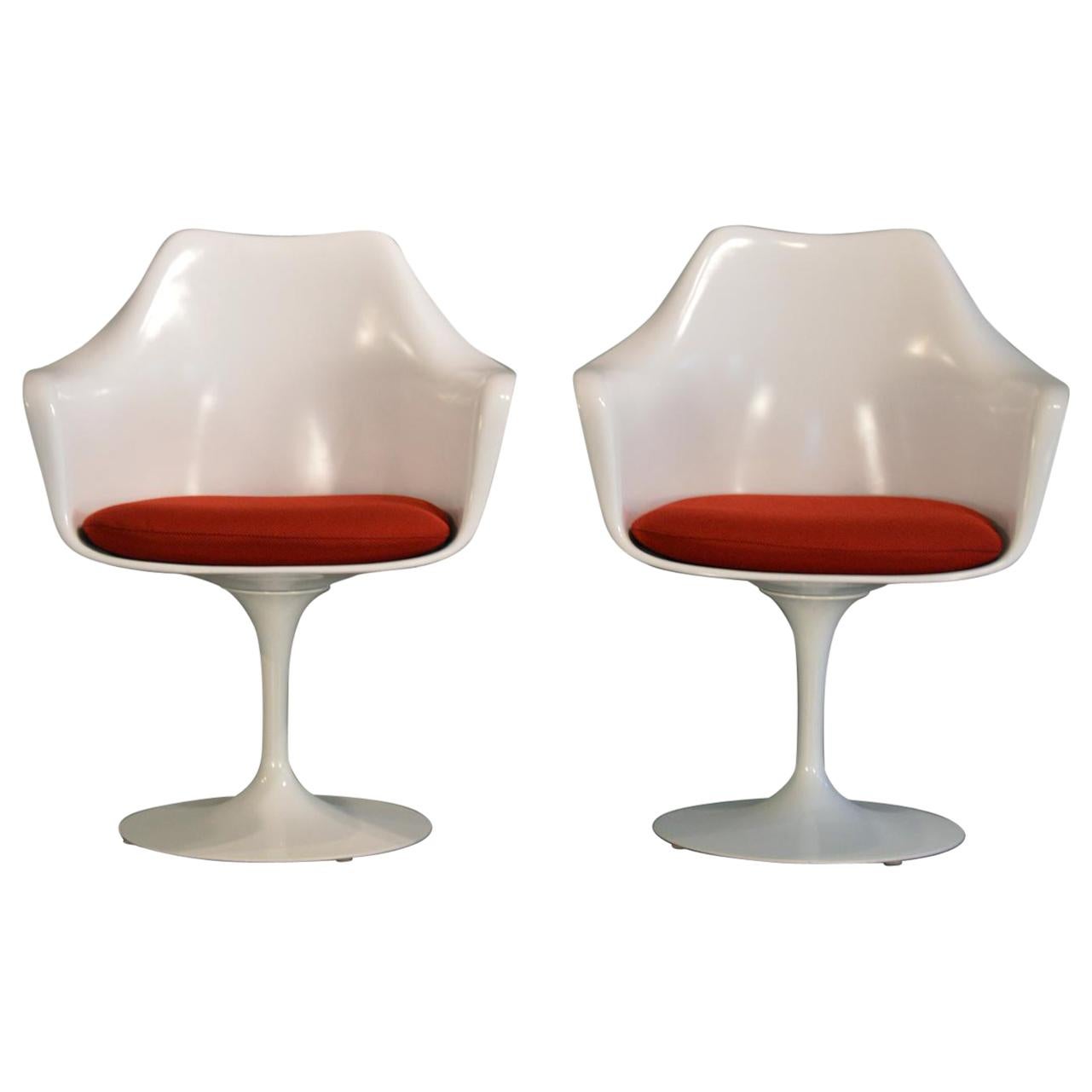 Eero Saarinen Tulip Swivel Armchairs with Red Cushions by Knoll