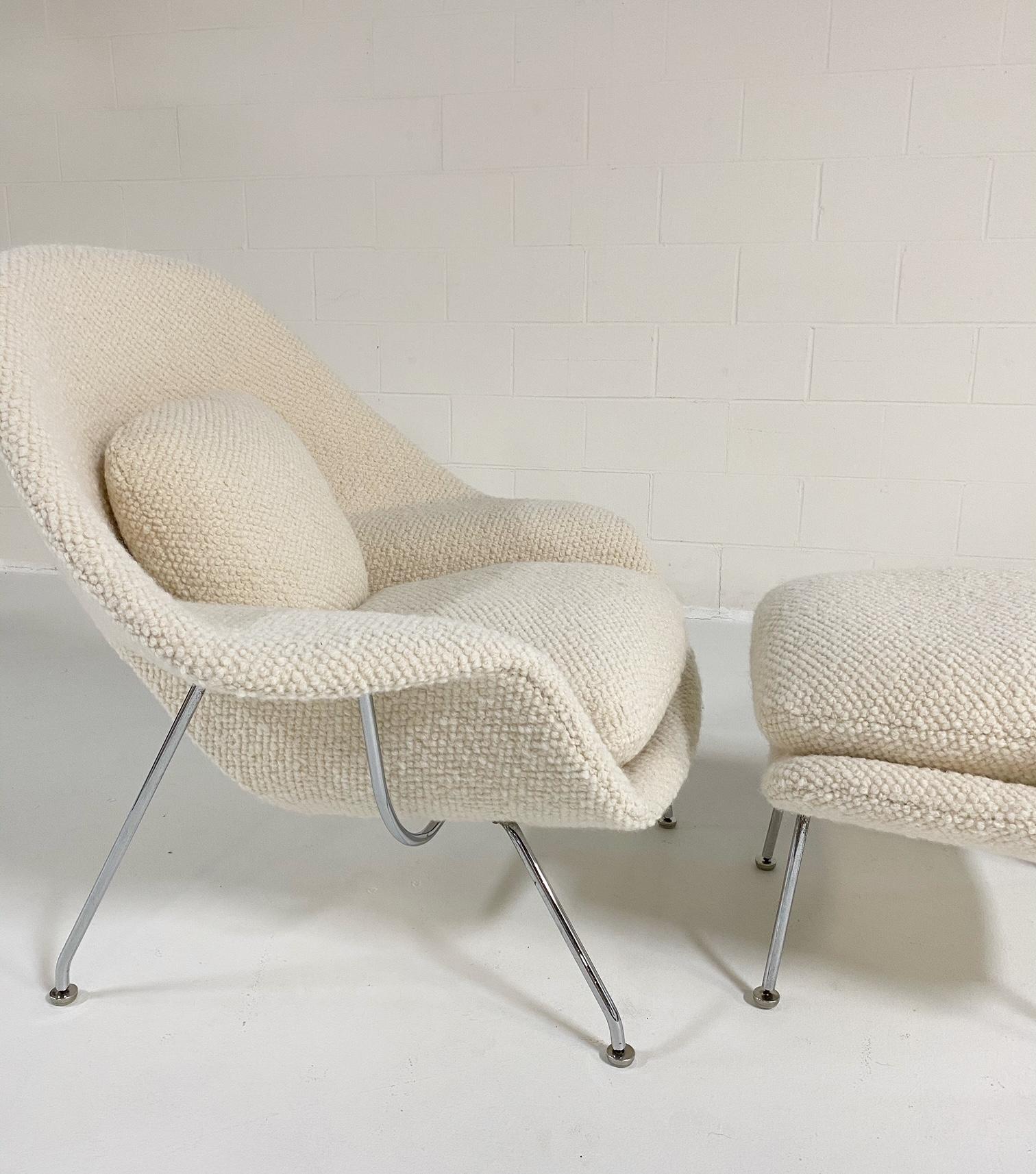 Mid-Century Modern Eero Saarinen Womb Chair and Ottoman in Dedar Boucle