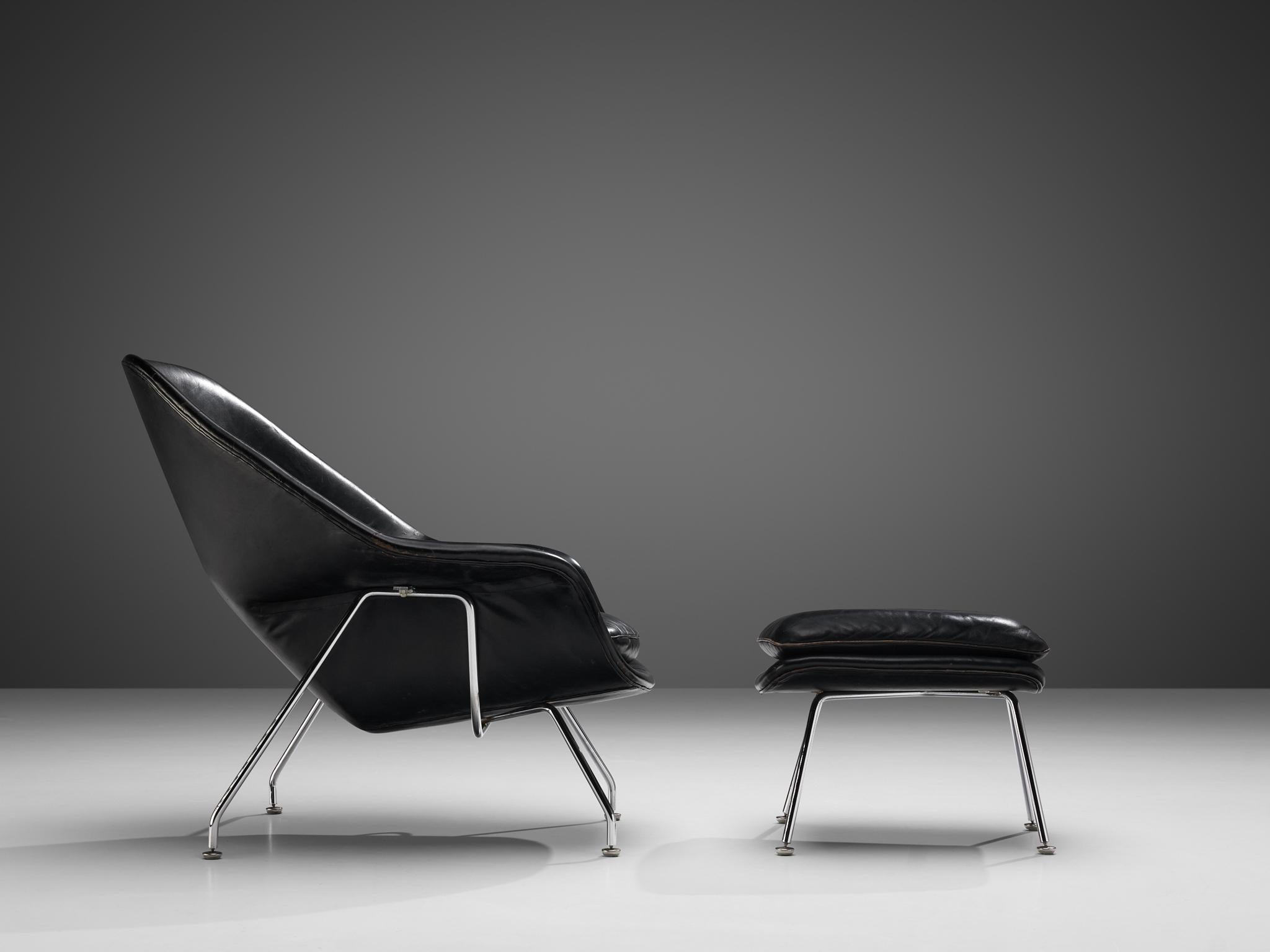 American Eero Saarinen 'Womb' Chair with Ottoman in Original Leather