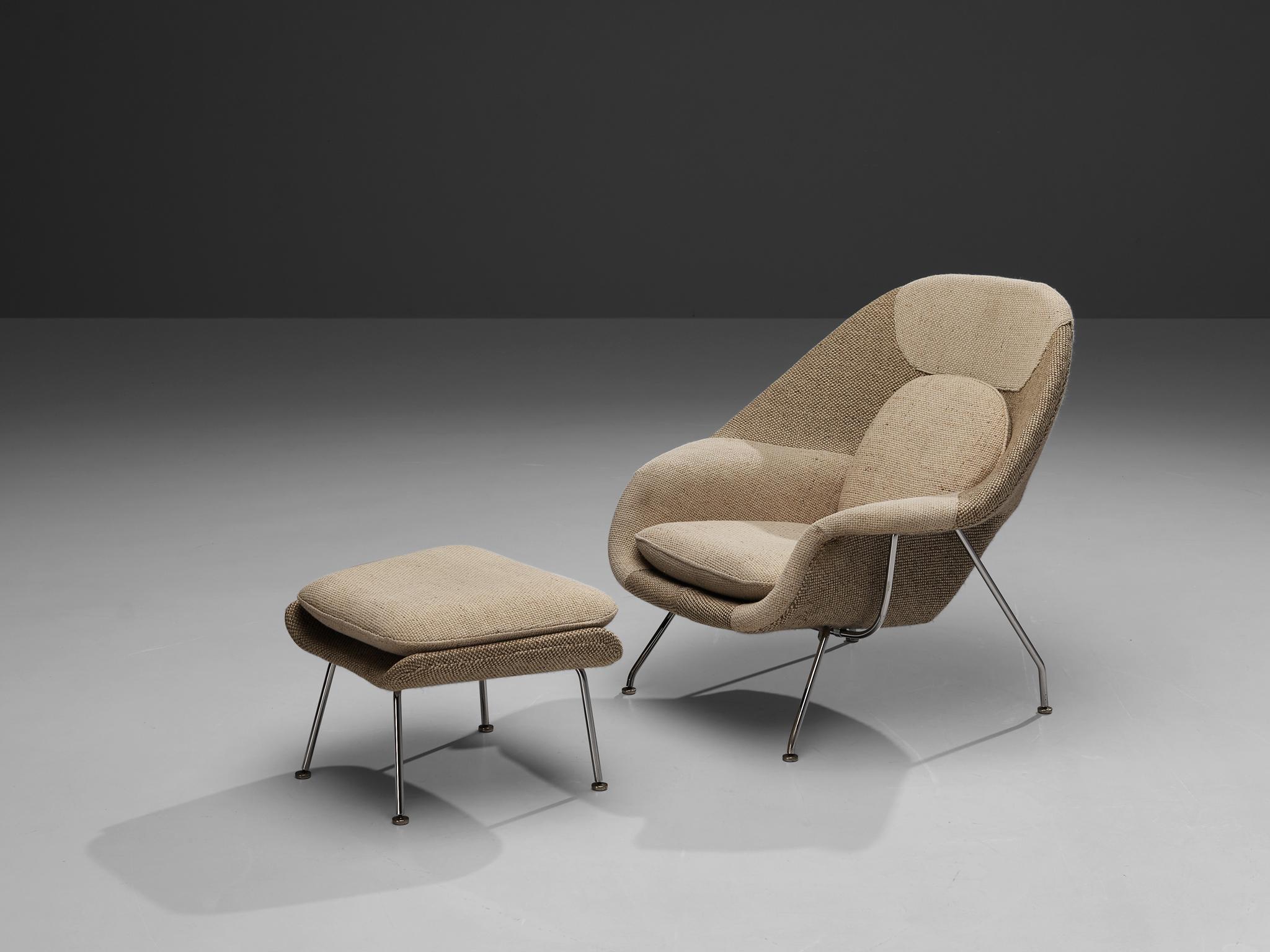 Eero Saarinen for Knoll, 'Womb' chair with ottoman, fabric, polished chrome, United States, design 1948.

This shelled, cushioned lounge chair is designed between 1946 and 1948 by Eero Saarinen. The chair was a specific request by Florence Knoll,