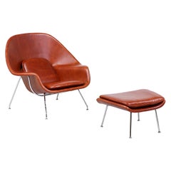 Eero Saarinen "Womb" Cognac Leather Chair with Ottoman for Knoll