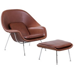Eero Saarinen "Womb" Cognac Leather Chair with Ottoman for Knoll
