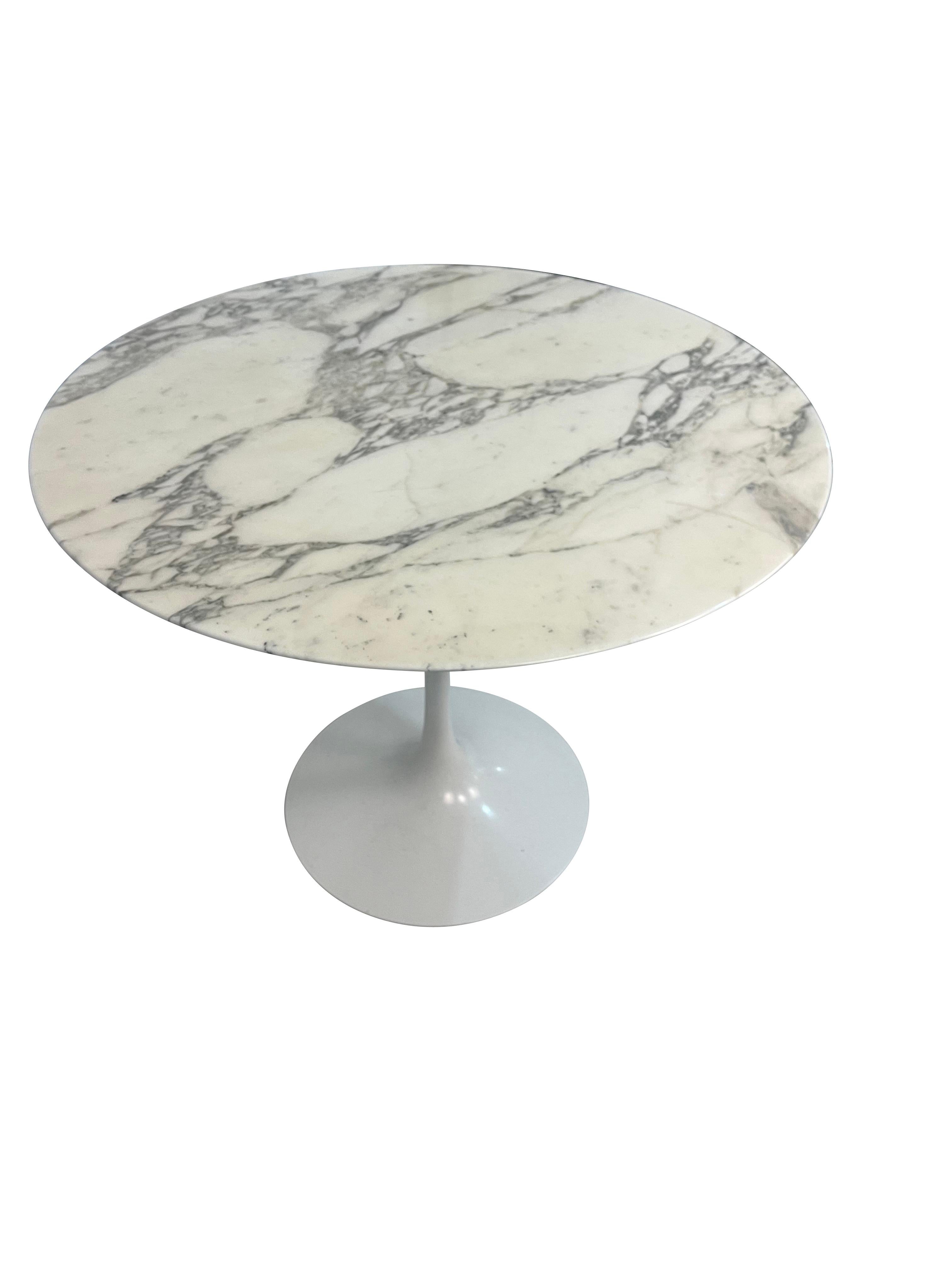 Hand-Crafted Eero Sarrinen Marble Top Pedestal Tulip Table White and Grey Carrera Marble