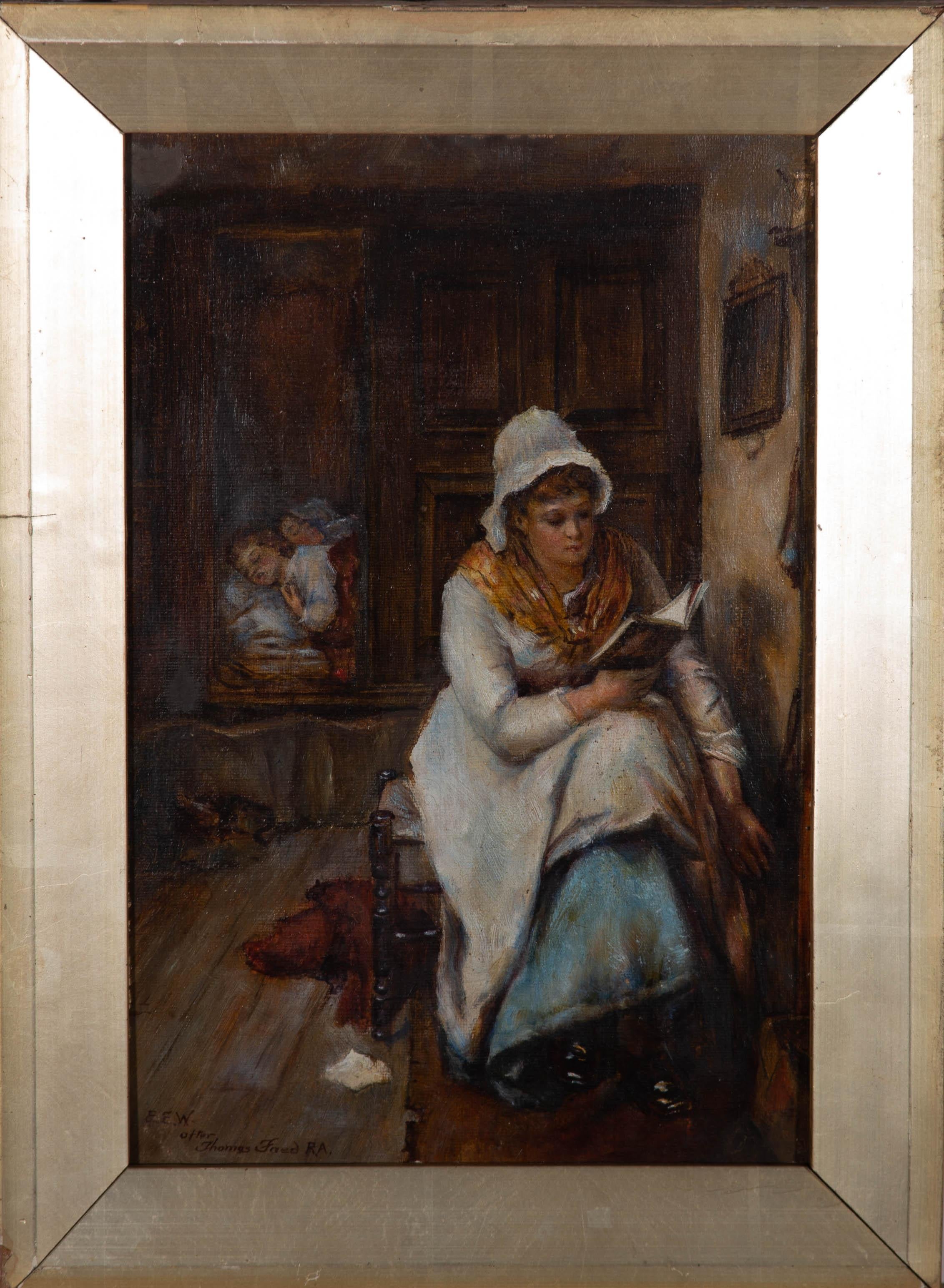 An accomplished early-20th century copy after Thomas Faed RSA's (1826-1900) 'When the Children are Asleep' (1885) that hangs in the Walker Art Gallery, Liverpool. Presented in a distressed gilt-effect slip. Signed to the lower-left edge. Inscribed
