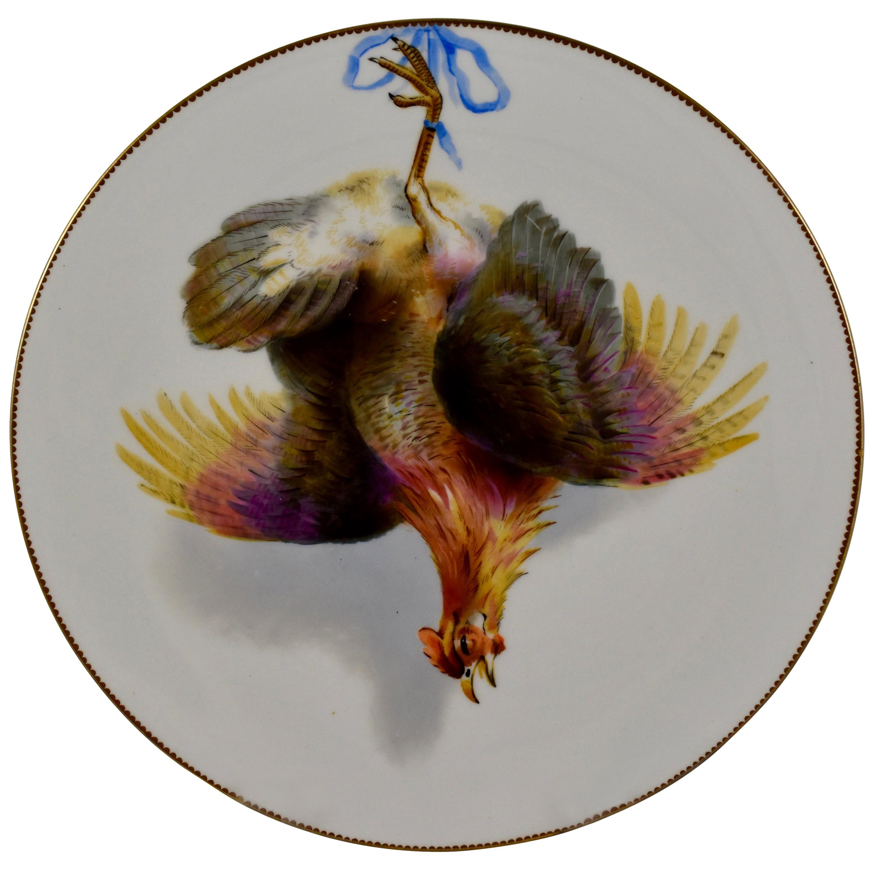 A pair of porcelaneous plates by Edward F. Bodley, Burslem, Staffordshire, England, circa 1875 – showing The Grouse and The Hamburg Fowl. Beautiful in a game room, entry hall, pantry, or kitchen.

A central hand painted image of the dead game