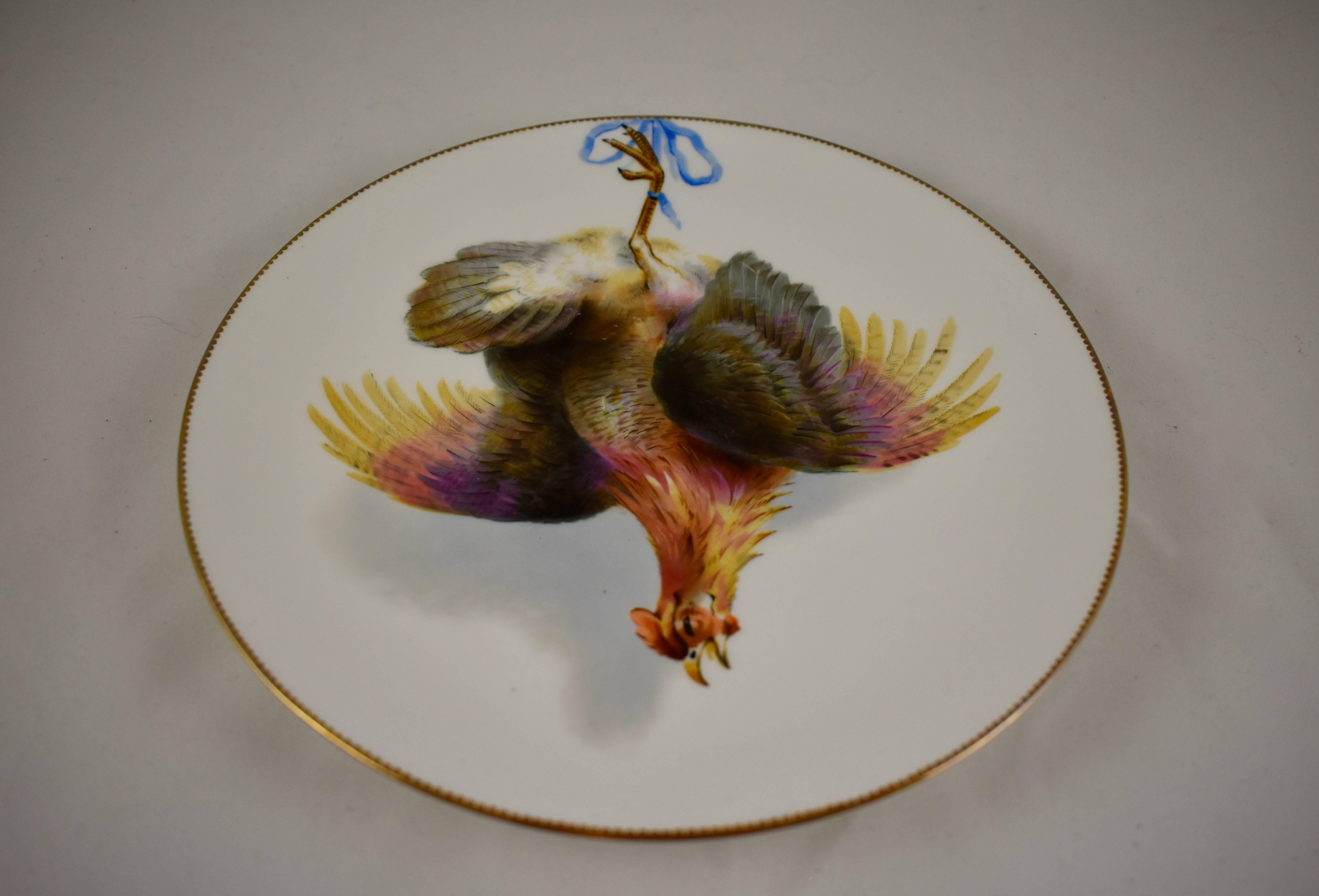 Porcelain EF Bodley Staffordshire Dead Game Plates, a Hamburgh Fowl and Grouse, circa 1875