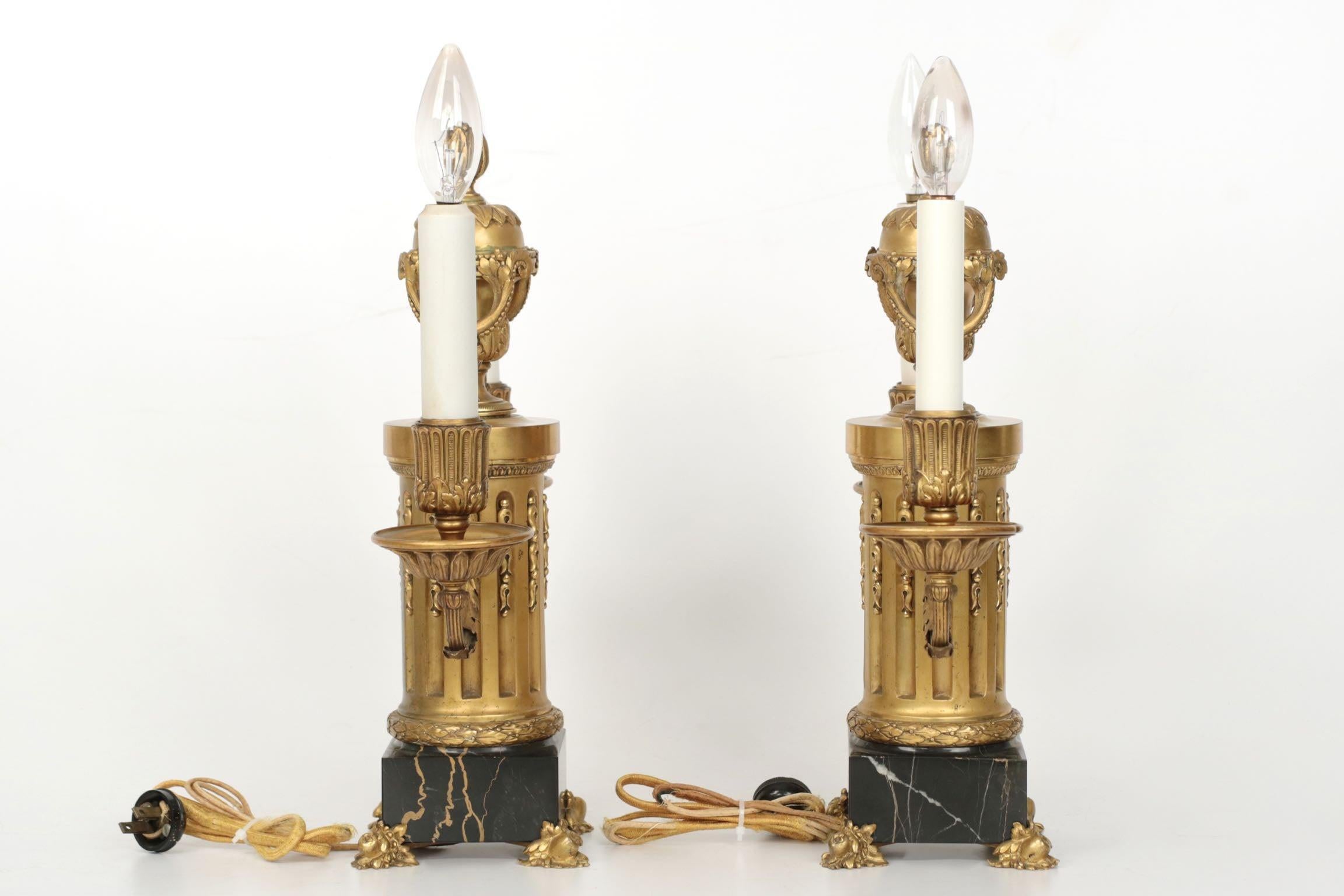 Gilt E.F. Caldwell American Two-Light Pair of Antique Candelabra Lamps, circa 1900 For Sale