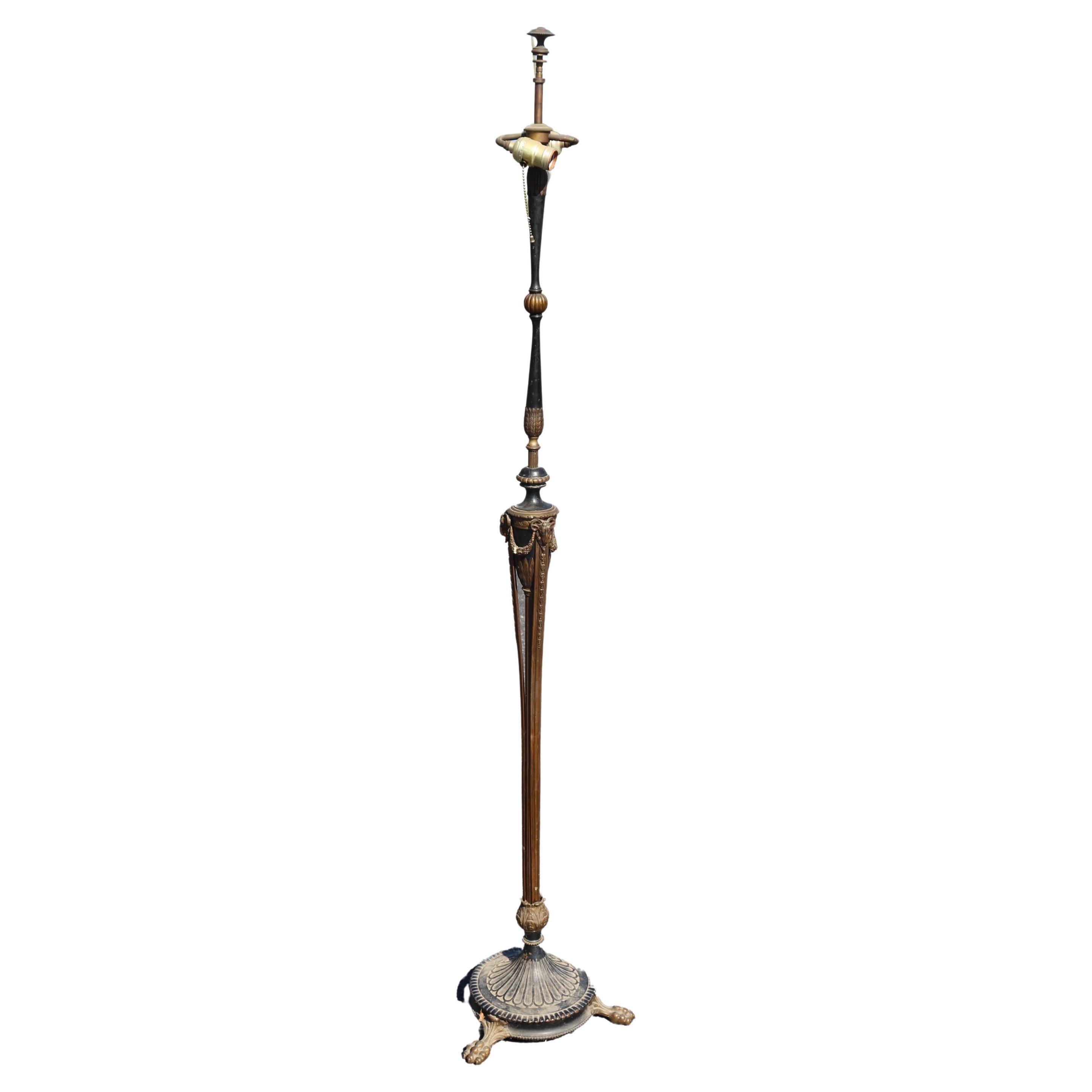 E.F. Lampadaire Caldwell Attributed Bronze and Steel Rams Head French Regency en vente