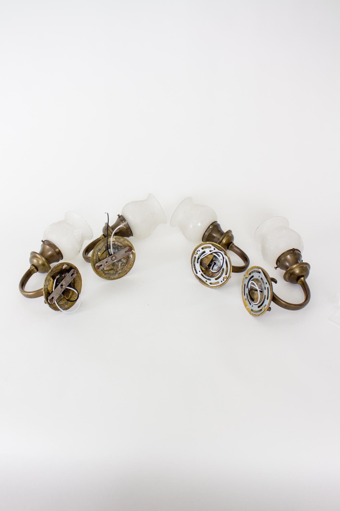 American Colonial E.F. Caldwell Brass Sconces with Etched Glass Shades- set of Four For Sale
