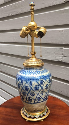E.F. Caldwell Doré Bronze and Enamel Asian Antique Vase Mounted as a Lamp