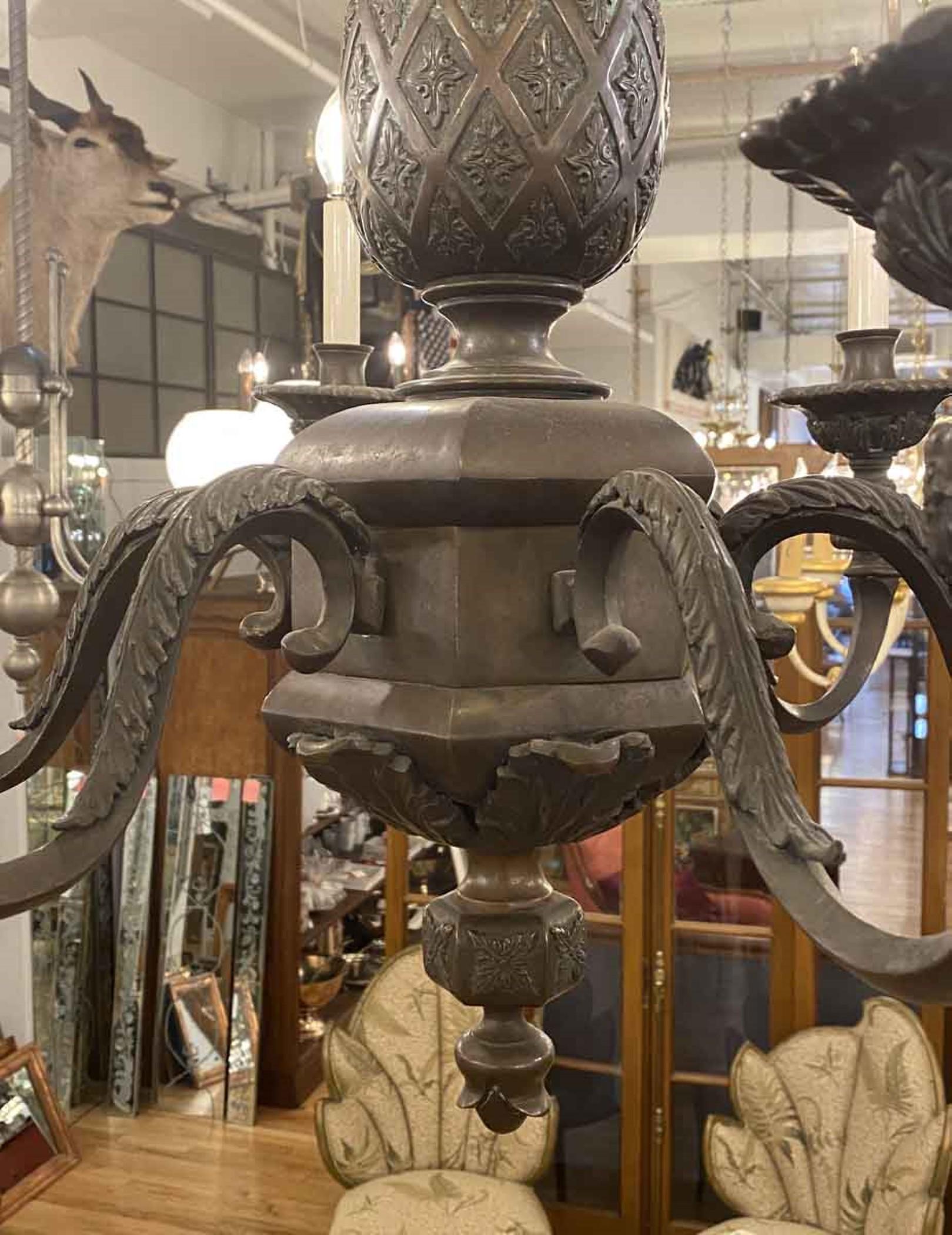 North American EF Caldwell Heavy Cast Etched Bronze 6 Arm Chandelier with Deep Patina