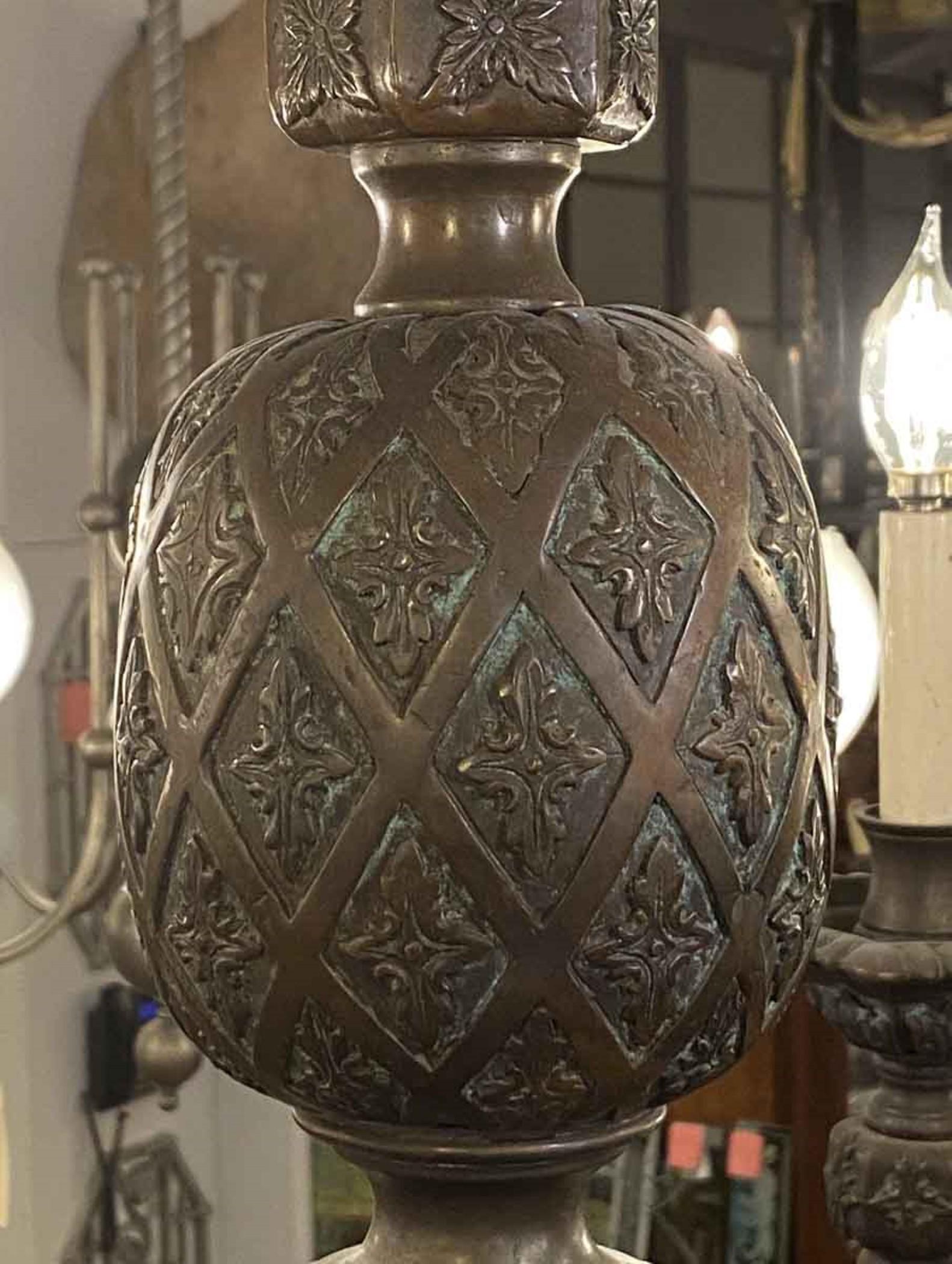 EF Caldwell Heavy Cast Etched Bronze 6 Arm Chandelier with Deep Patina 1