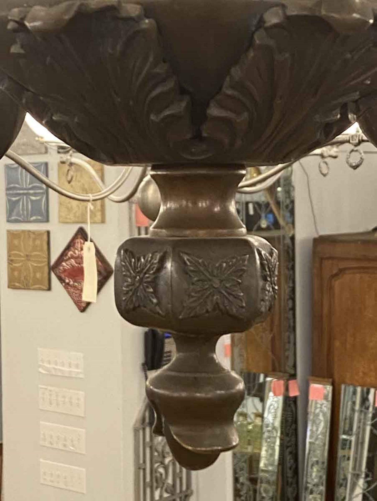 EF Caldwell Heavy Cast Etched Bronze 6 Arm Chandelier with Deep Patina For Sale 2