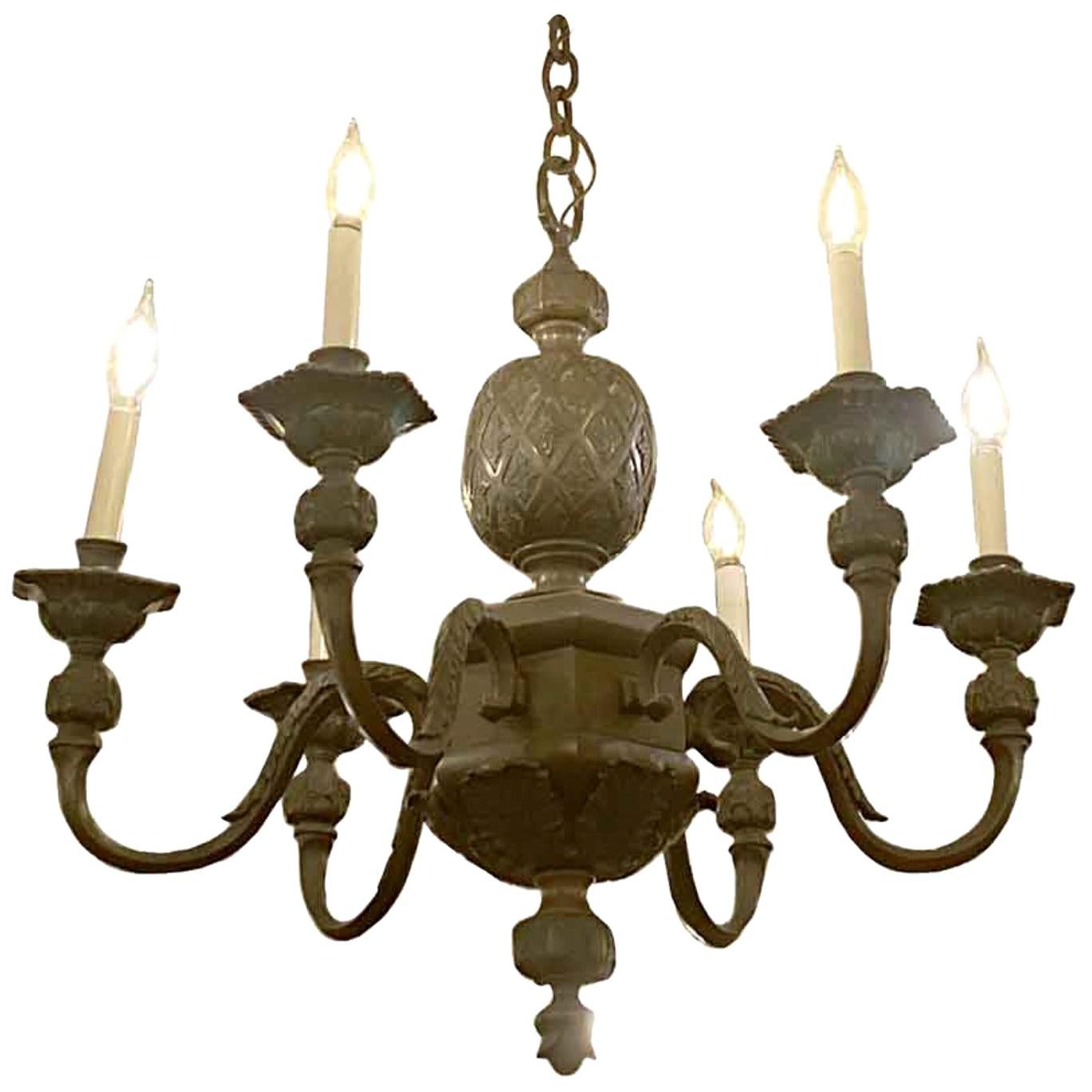 EF Caldwell Heavy Cast Etched Bronze 6 Arm Chandelier with Deep Patina For Sale