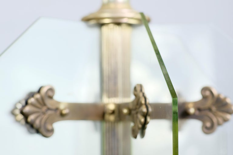 EF Caldwell Silver Plated Bronze Pendant Light w 6 Glass Panes For Sale