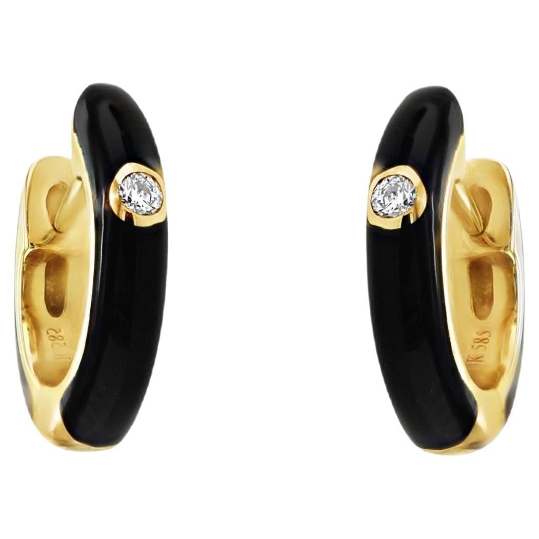 EF Collectional Boucles d'oreilles Huggie en or jaune 14K avec diamants et émail noir en vente