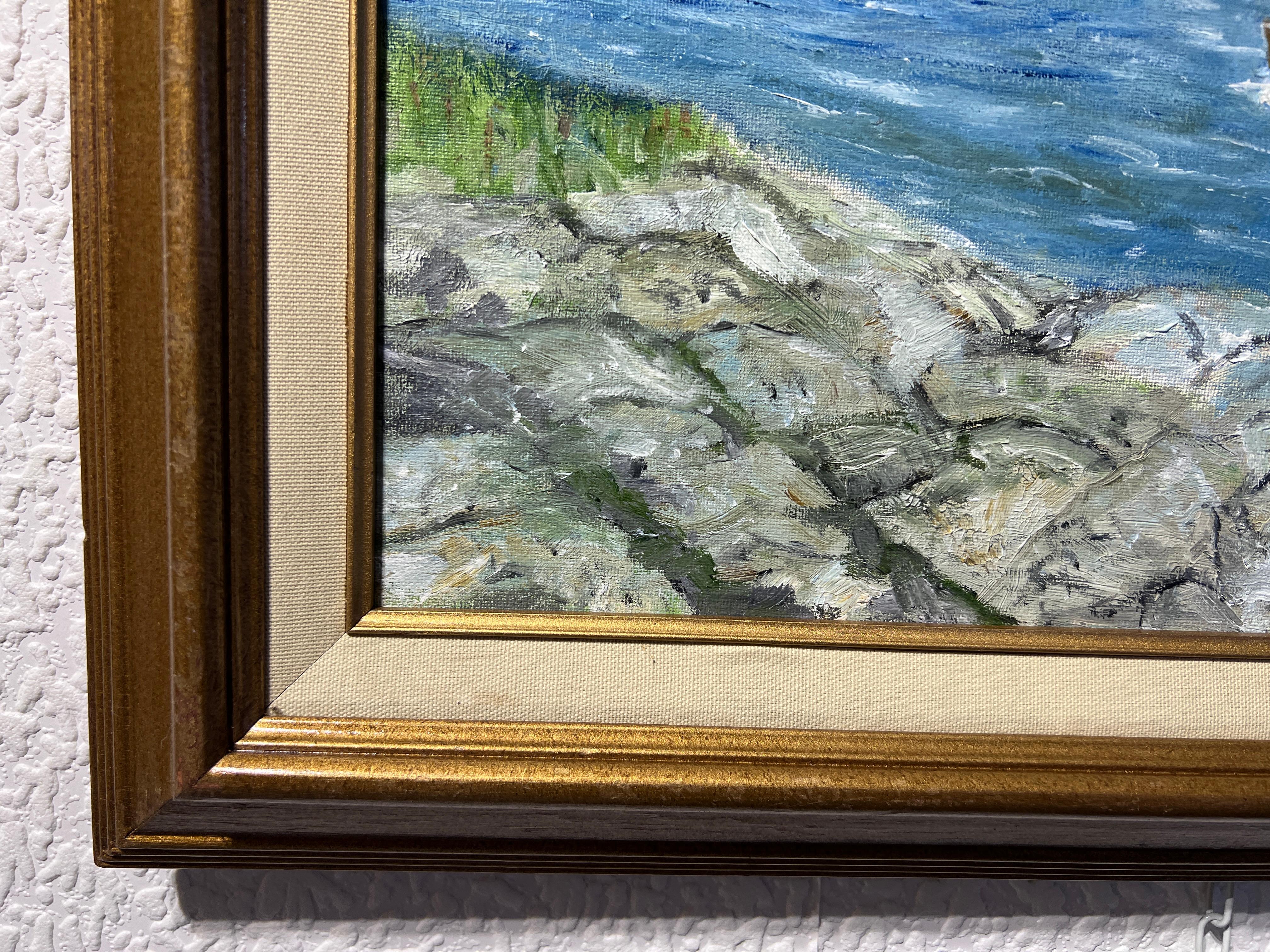 L'artista E. F. A. Fuller Pittura acrilica su tela, Paesaggio marino, Barca a vela. Incorniciato - Landscape Painting Grigio di E.F. Fuller