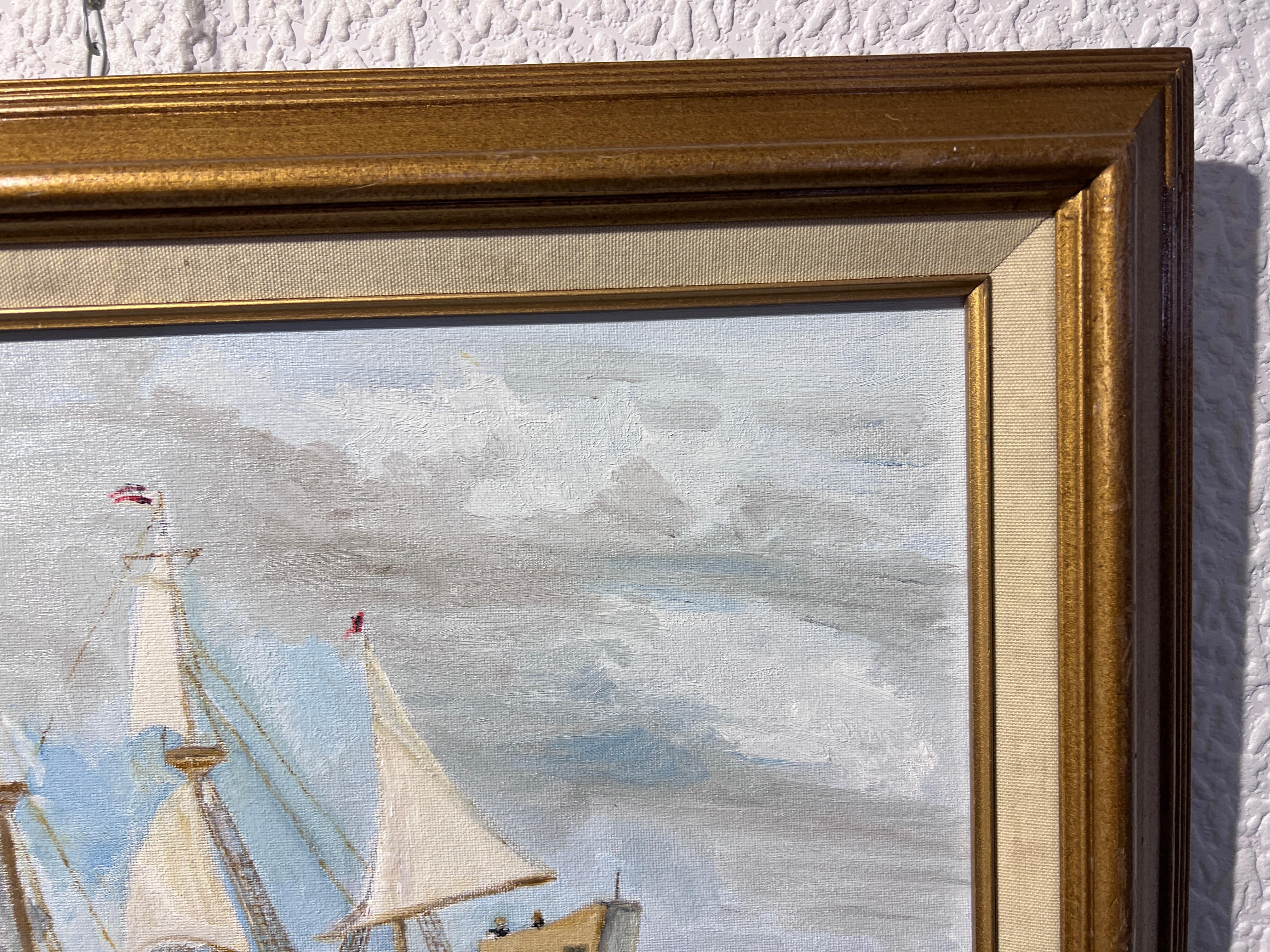L'artista E. F. A. Fuller Pittura acrilica su tela, Paesaggio marino, Barca a vela. Incorniciato 1