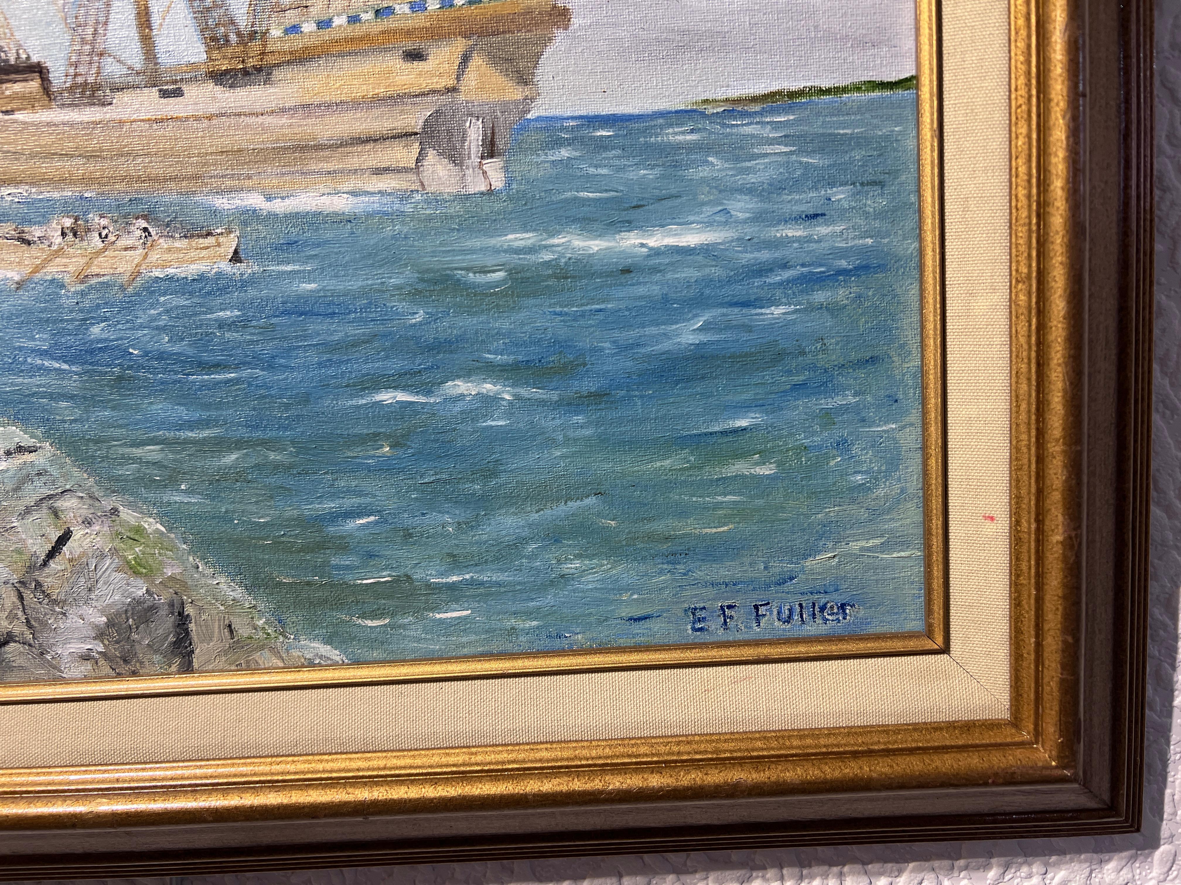 L'artista E. F. A. Fuller Pittura acrilica su tela, Paesaggio marino, Barca a vela. Incorniciato 2