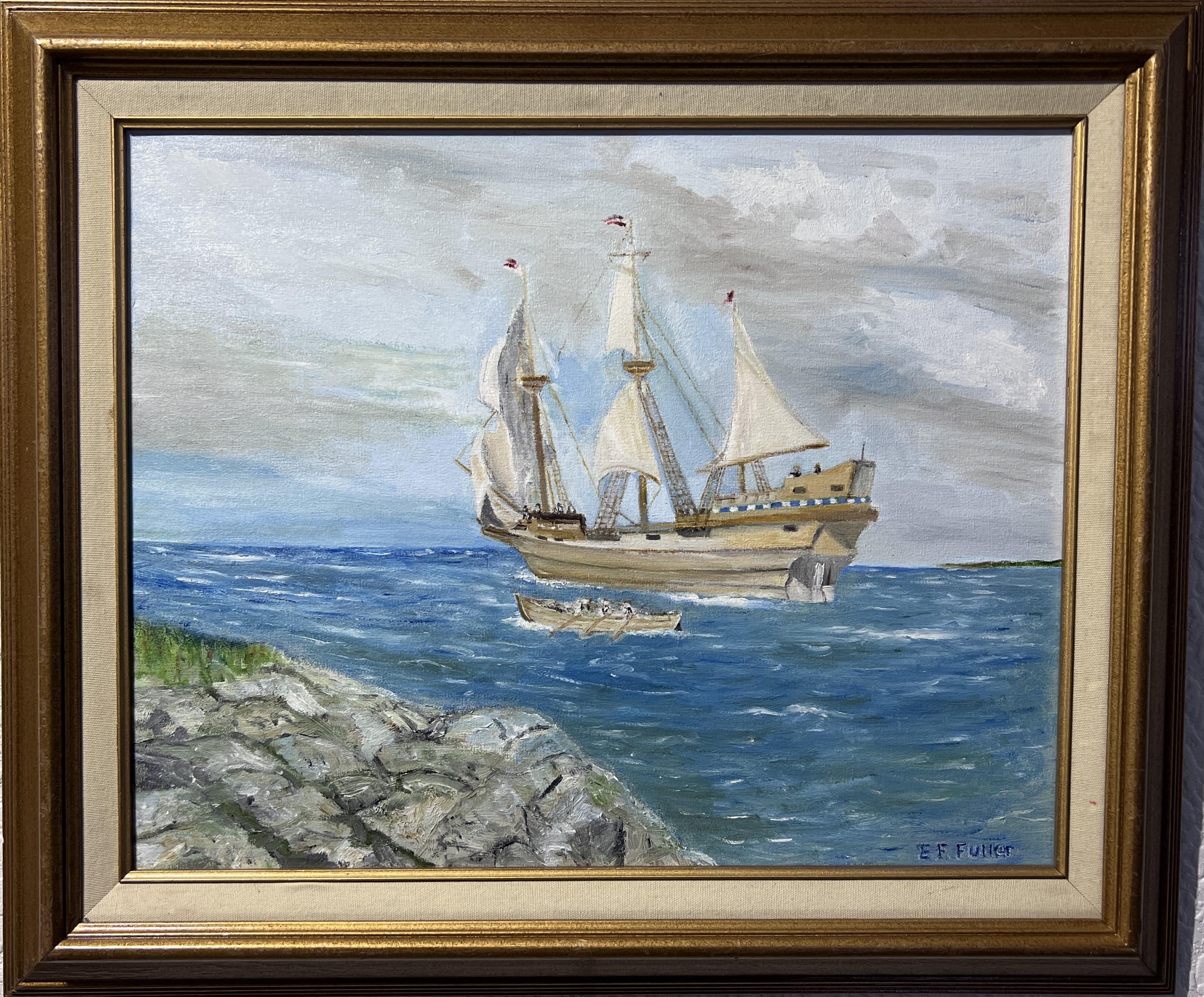 Landscape Painting di E.F. Fuller - L'artista E. F. A. Fuller Pittura acrilica su tela, Paesaggio marino, Barca a vela. Incorniciato