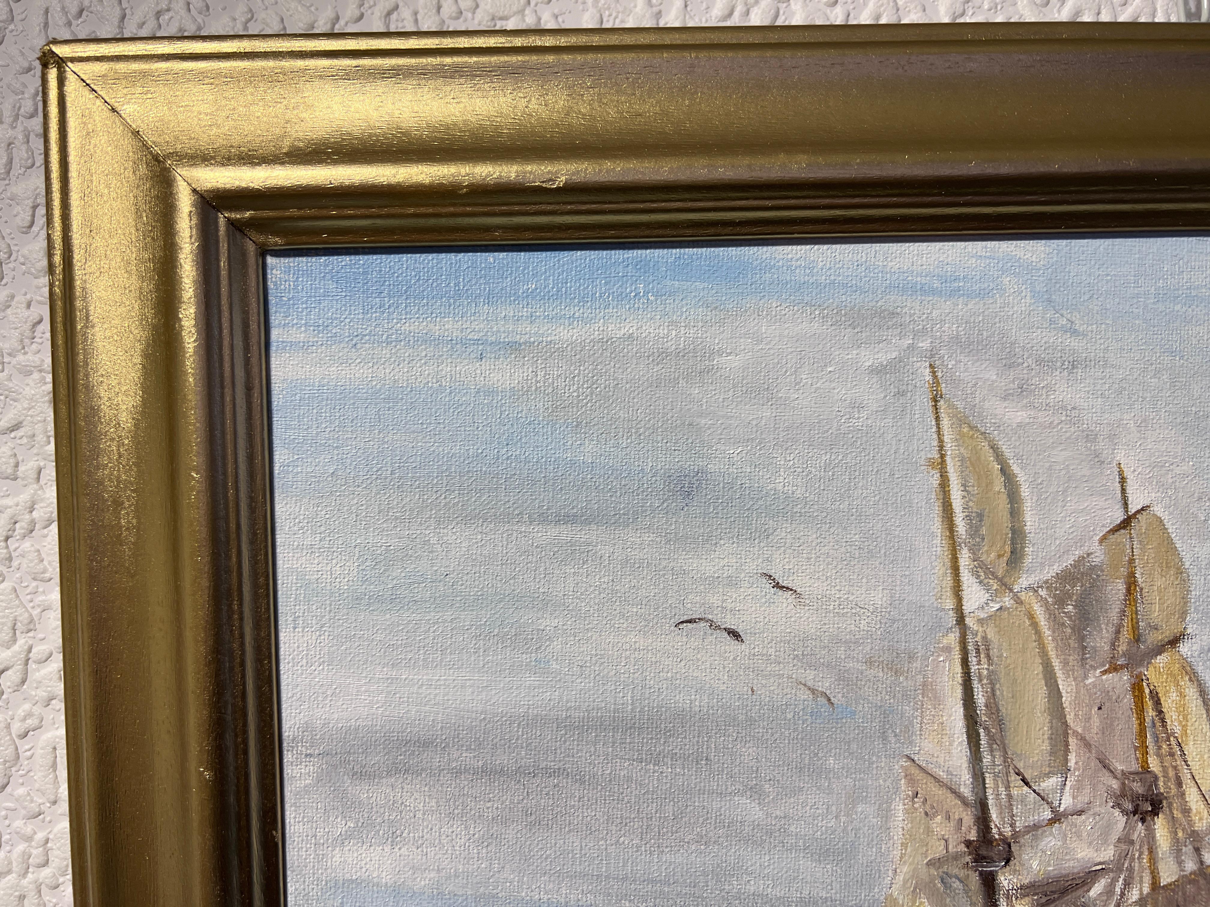 Artist E.F. Fuller Original Painting on canvas, Seascape, Sailboat. Dated For Sale 3