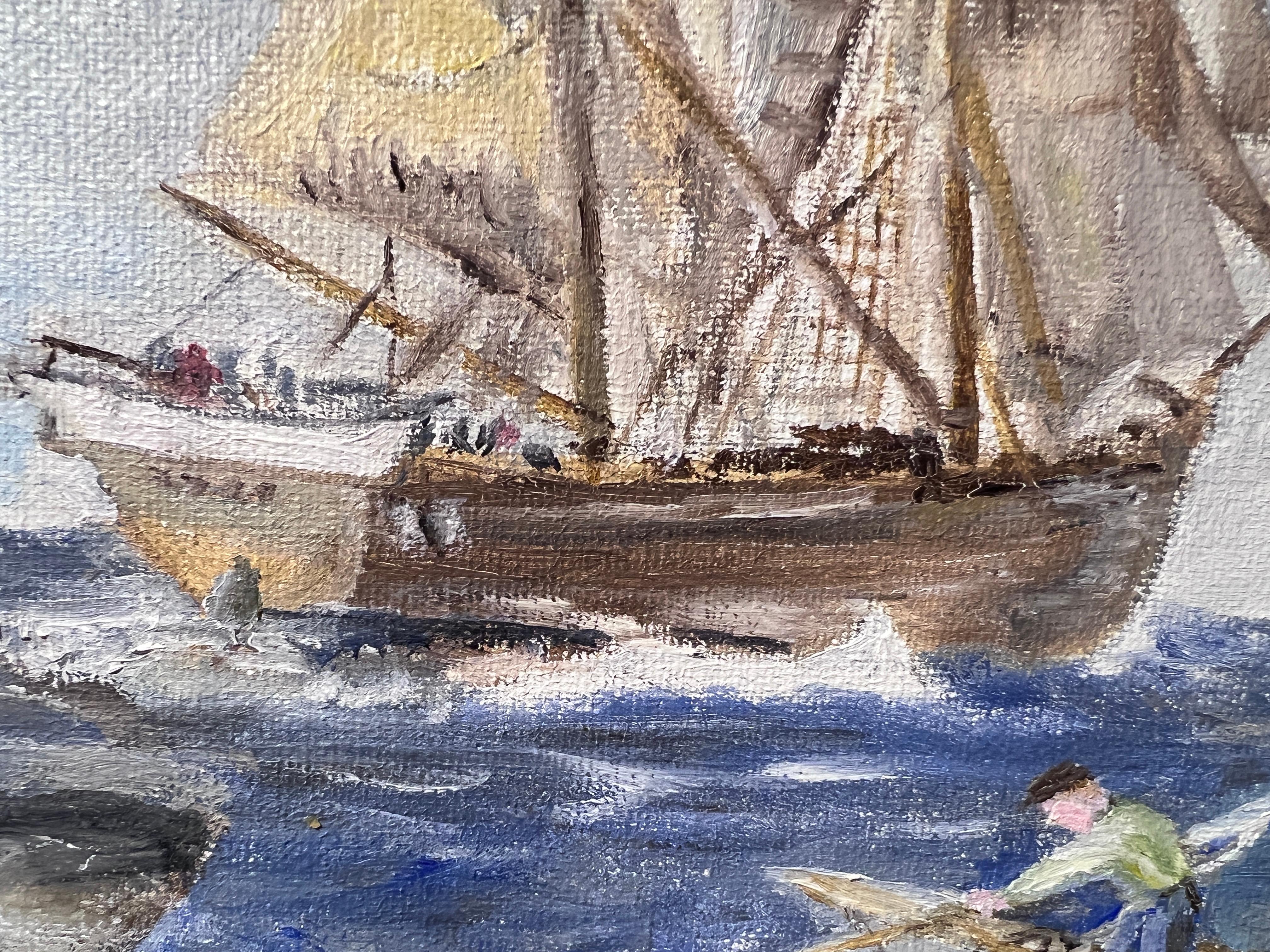 Artist E.F. Fuller Original Painting on canvas, Seascape, Sailboat. Dated For Sale 8