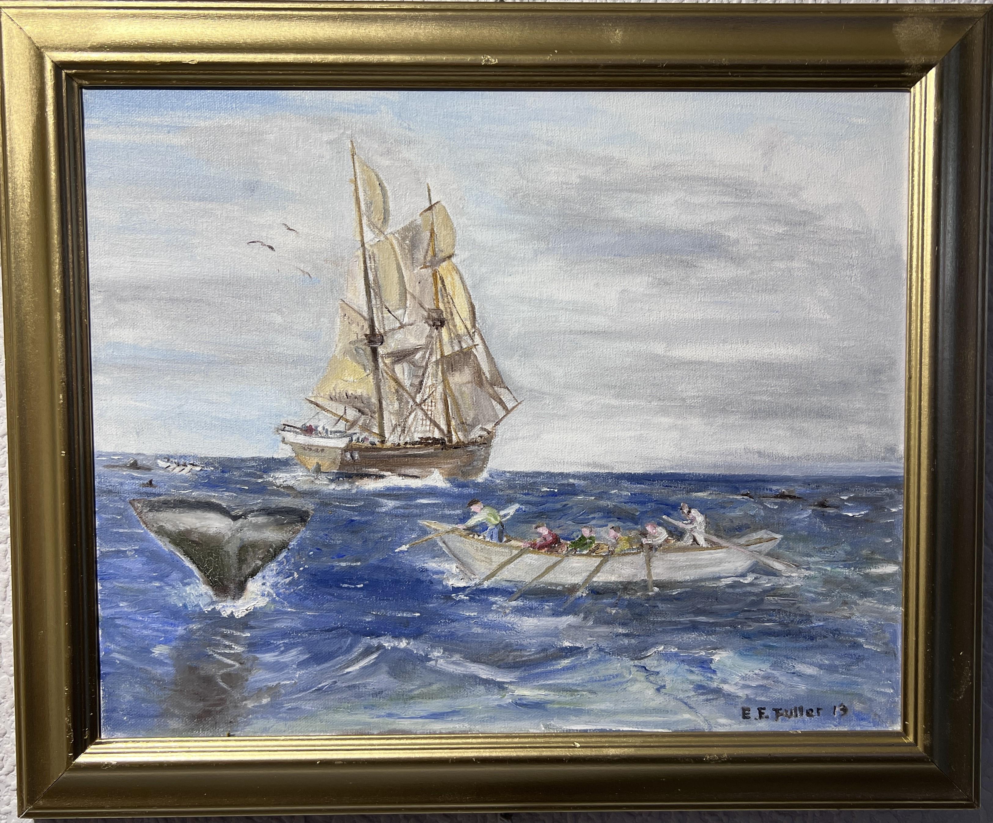 Up for sale is an original painting on canvas depicting a marine scene - a group of whalers in a boat hunting for a whale.  

Signed and dated in the lower right-hand corner E.F. Fuller '13. The painting is in good condition. Nicely framed. The