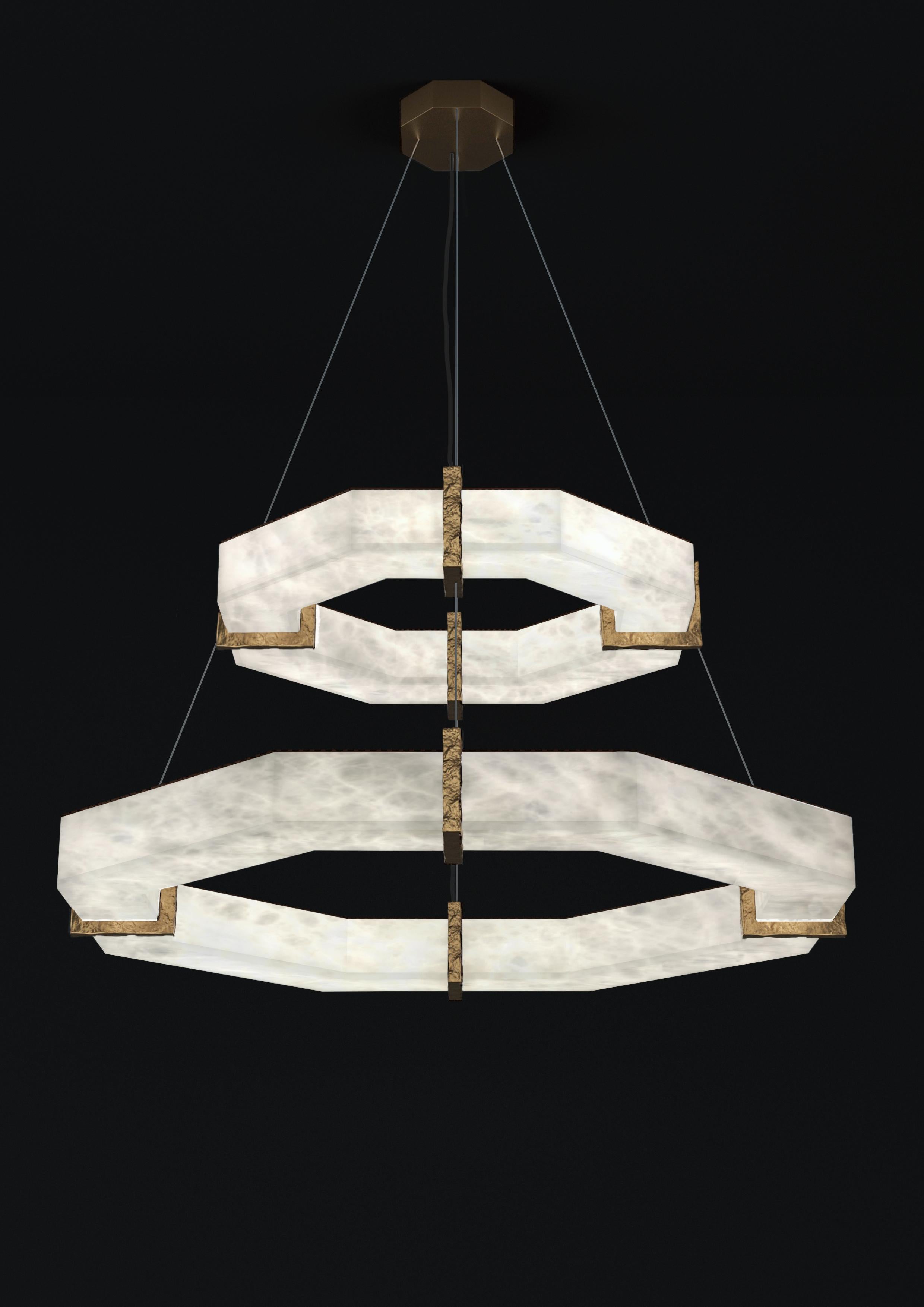 Efesto Bronze Double Pendant Lamp by Alabastro Italiano
Dimensions: D 80.5 x W 80.5 x H 36.5 cm.
Materials: White alabaster and bronze.

Available in different finishes: Shiny Silver, Bronze, Brushed Brass, Ruggine of Florence, Brushed Burnished,
