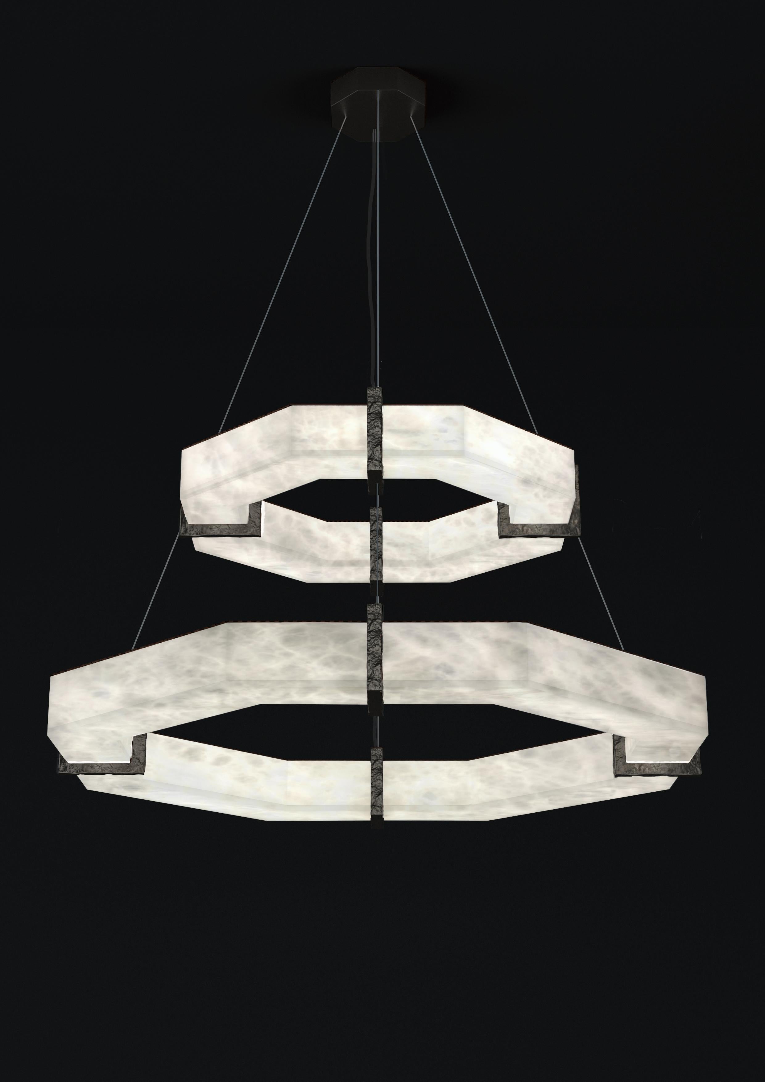Efesto Brushed Black Metal Double Pendant Lamp by Alabastro Italiano
Dimensions: D 80.5 x W 80.5 x H 36.5 cm.
Materials: White alabaster and metal.

Available in different finishes: Shiny Silver, Bronze, Brushed Brass, Ruggine of Florence, Brushed