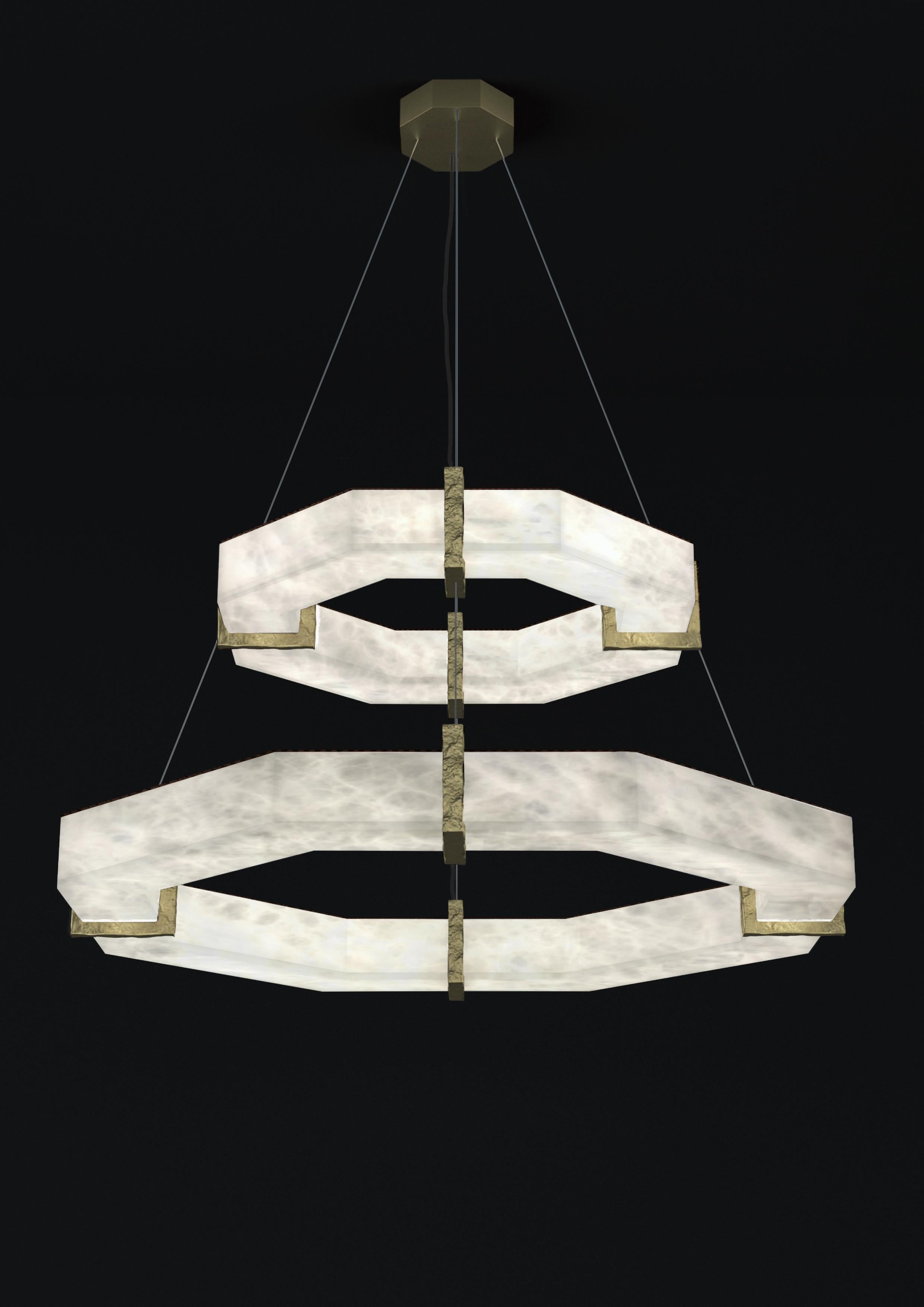 Efesto Brushed Brass Double Pendant Lamp by Alabastro Italiano
Dimensions: D 80.5 x W 80.5 x H 36.5 cm.
Materials: White alabaster and brass.

Available in different finishes: Shiny Silver, Bronze, Brushed Brass, Ruggine of Florence, Brushed