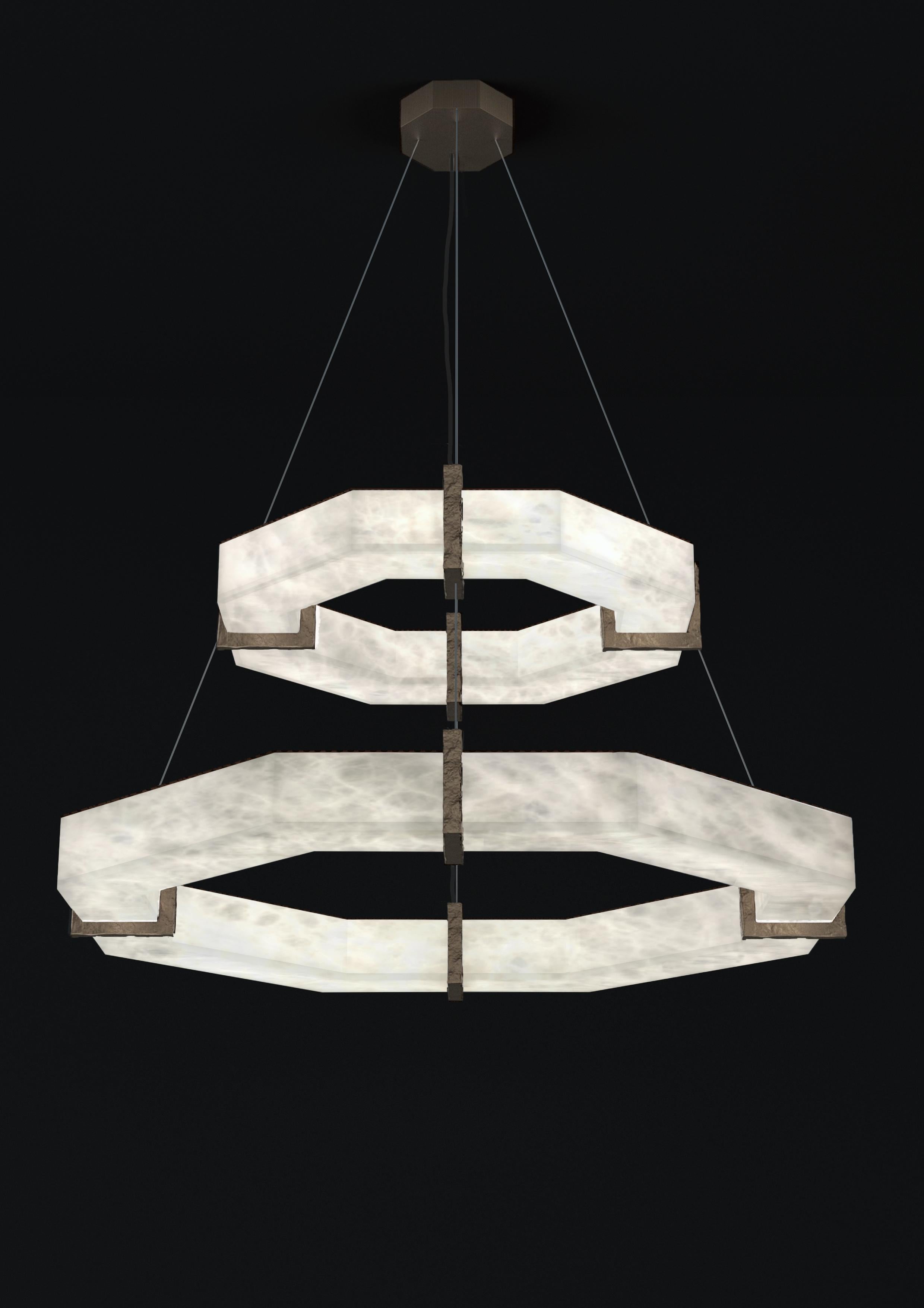 Efesto Brushed Burnished Metal Double Pendant Lamp by Alabastro Italiano
Dimensions: D 80.5 x W 80.5 x H 36.5 cm.
Materials: White alabaster and metal.

Available in different finishes: Shiny Silver, Bronze, Brushed Brass, Ruggine of Florence,