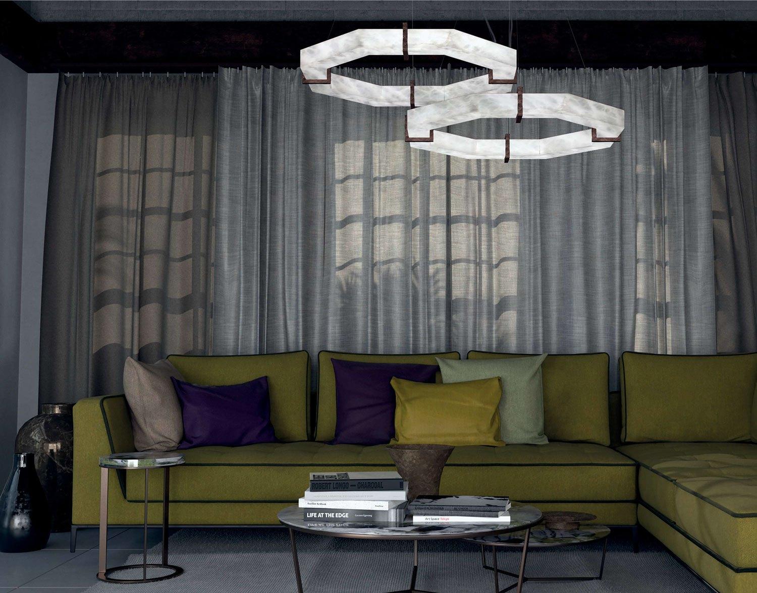 Contemporary Efesto Brushed Burnished Metal Double Pendant Lamp by Alabastro Italiano For Sale