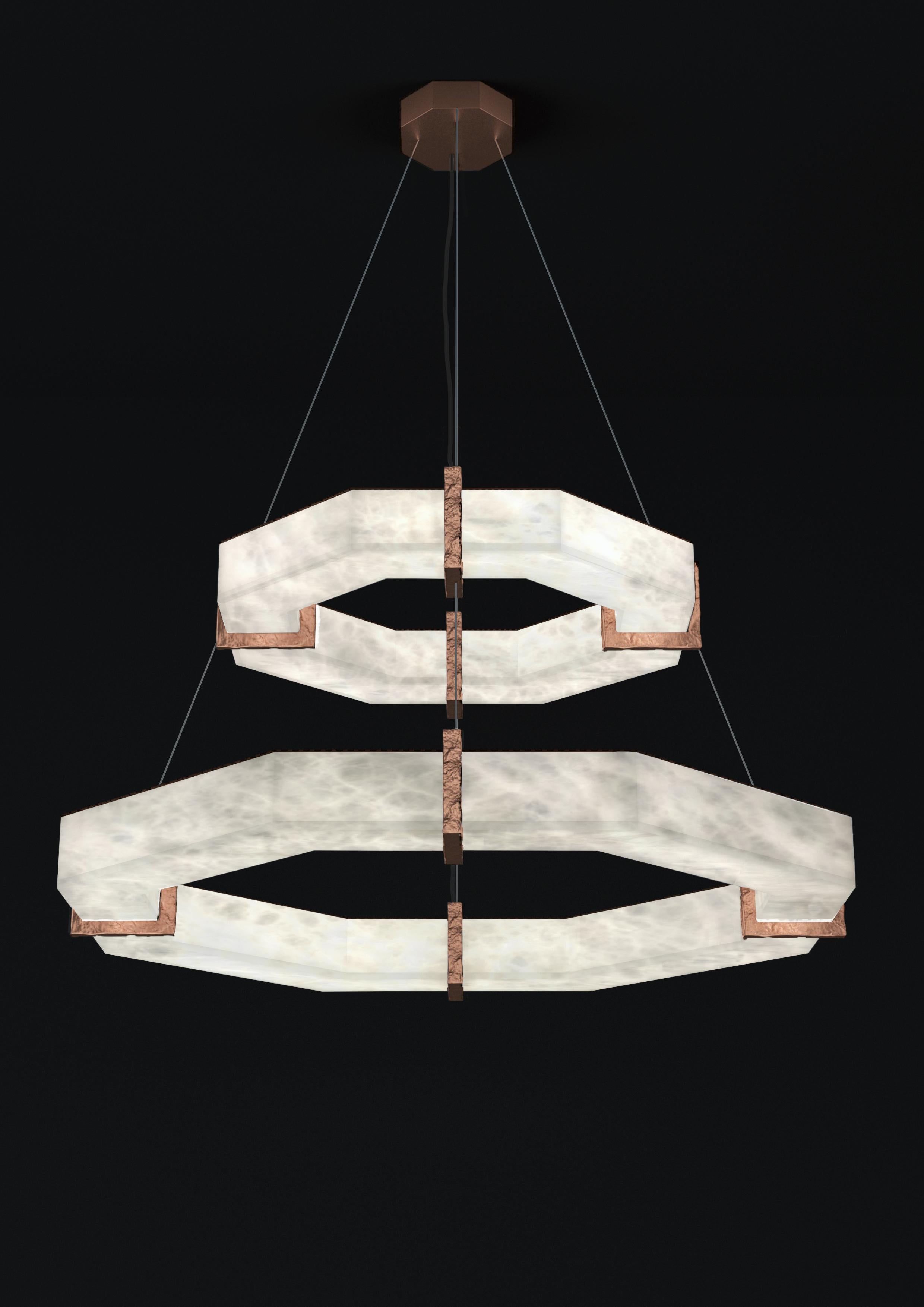 Efesto Copper Double Pendant Lamp by Alabastro Italiano
Dimensions: D 80.5 x W 80.5 x H 36.5 cm.
Materials: White alabaster and copper.

Available in different finishes: Shiny Silver, Bronze, Brushed Brass, Ruggine of Florence, Brushed Burnished,