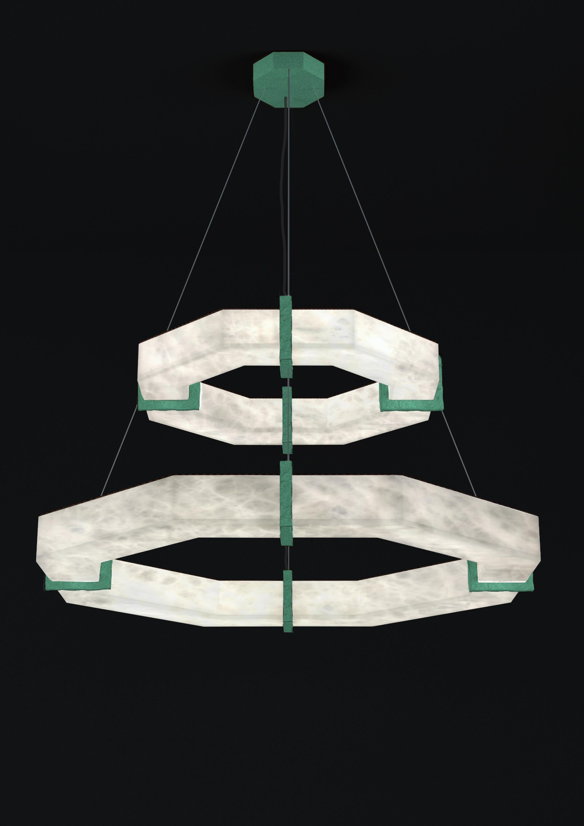 Efesto Freedom Green Metal Double Pendant Lamp by Alabastro Italiano
Dimensions: D 80.5 x W 80.5 x H 36.5 cm.
Materials: White alabaster and metal.

Available in different finishes: Shiny Silver, Bronze, Brushed Brass, Ruggine of Florence, Brushed