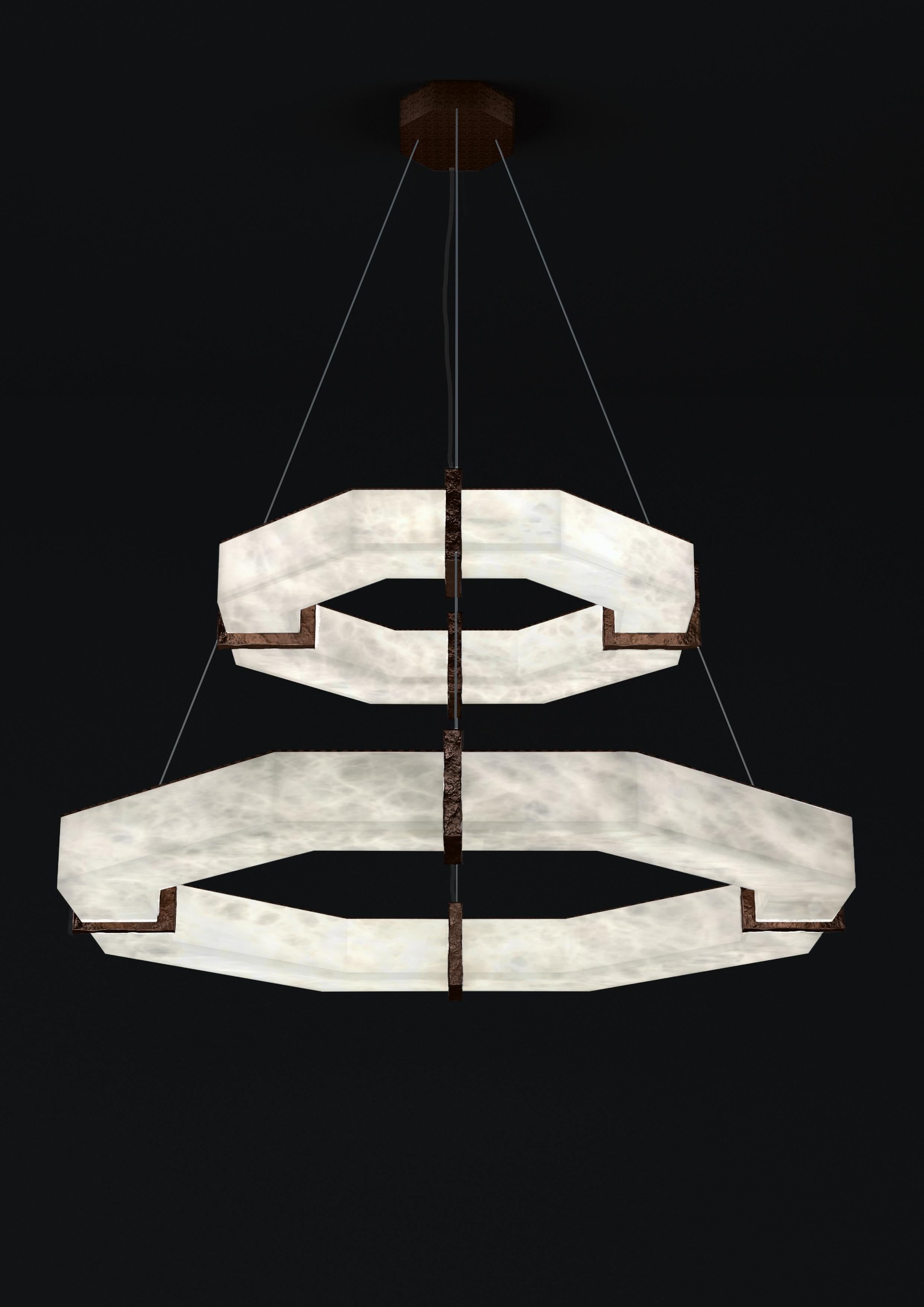 Efesto Ruggine Of Florence Metal Double Pendant Lamp by Alabastro Italiano
Dimensions: D 80.5 x W 80.5 x H 36.5 cm.
Materials: White alabaster and metal.

Available in different finishes: Shiny Silver, Bronze, Brushed Brass, Ruggine of Florence,