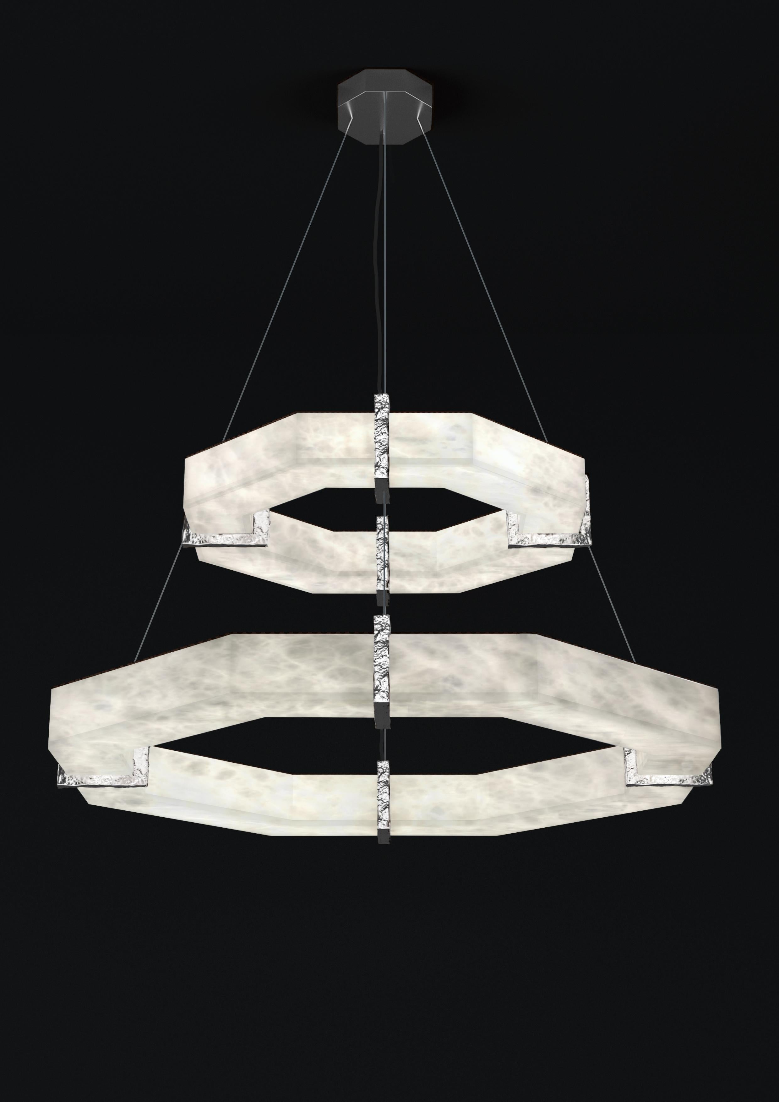 Efesto Shiny Silver Metal Double Pendant Lamp by Alabastro Italiano
Dimensions: D 80.5 x W 80.5 x H 36.5 cm.
Materials: White alabaster and metal.

Available in different finishes: Shiny Silver, Bronze, Brushed Brass, Ruggine of Florence, Brushed