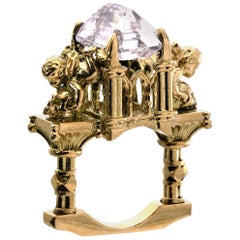18 Karat Yellow Gold Cathedral Ring with Pink Morganite