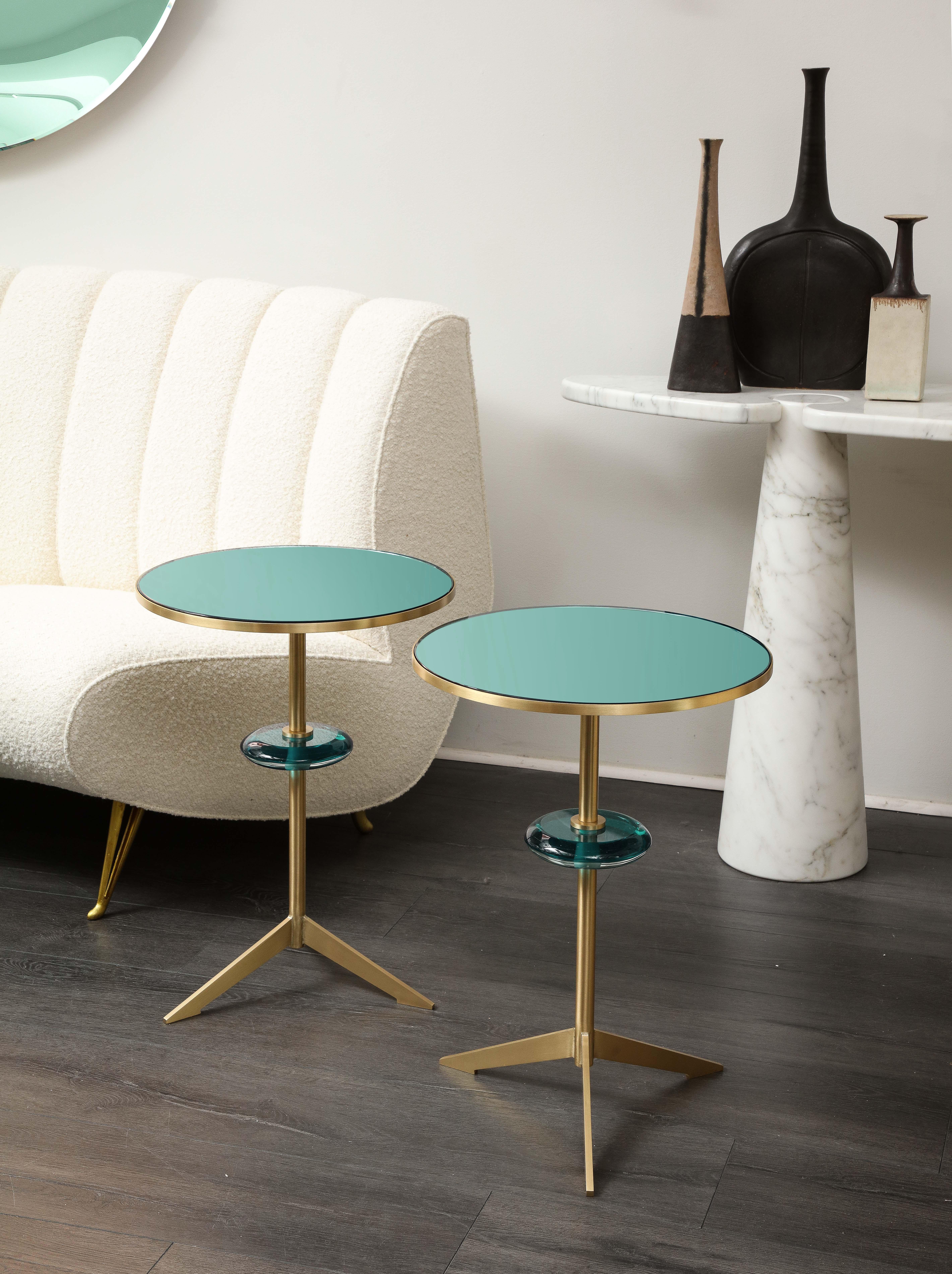 Effetto Vetro Contemporary Custom Pair of Tripod Side Tables in Glass and Brass For Sale 5