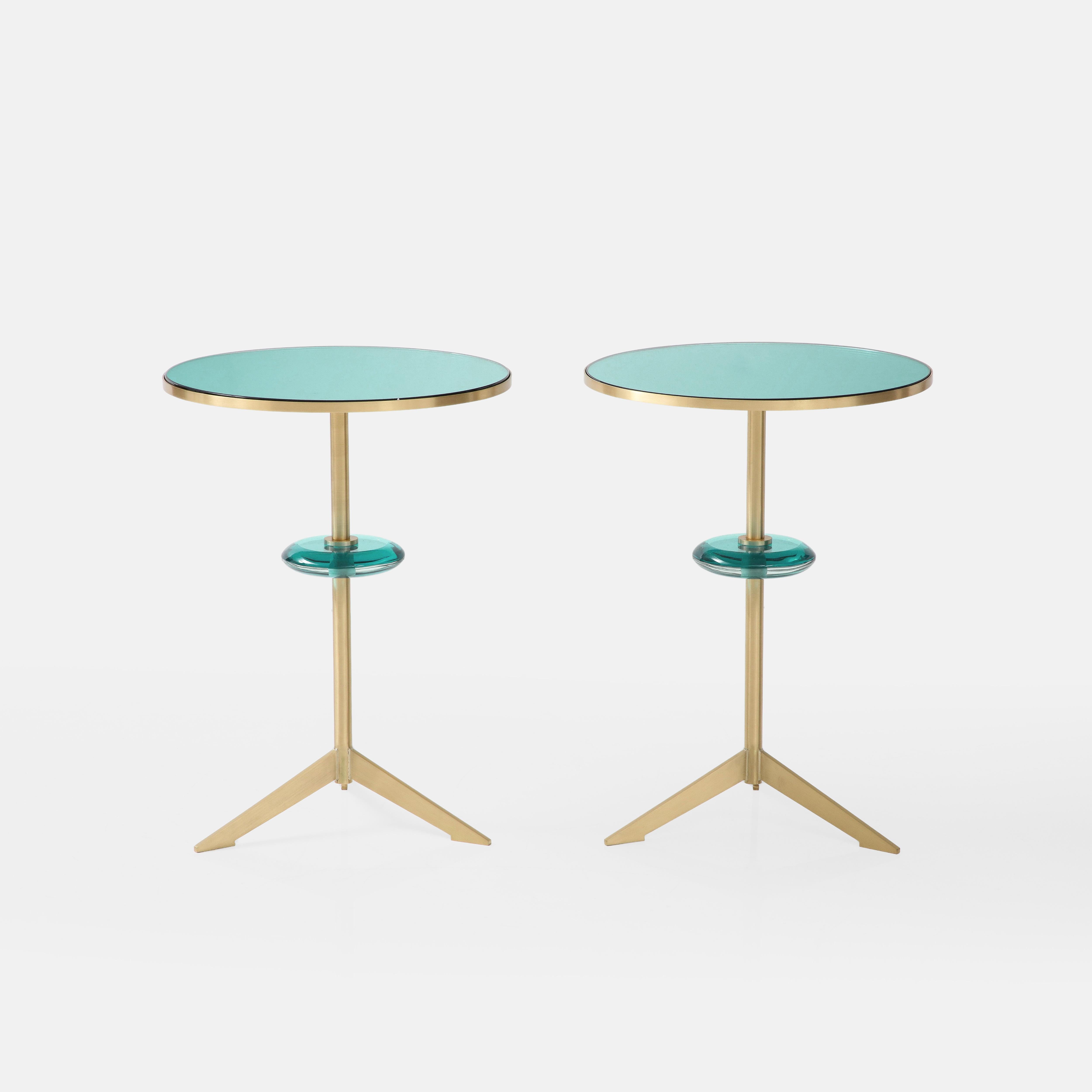 Italian Effetto Vetro Contemporary Custom Pair of Tripod Side Tables in Glass and Brass For Sale