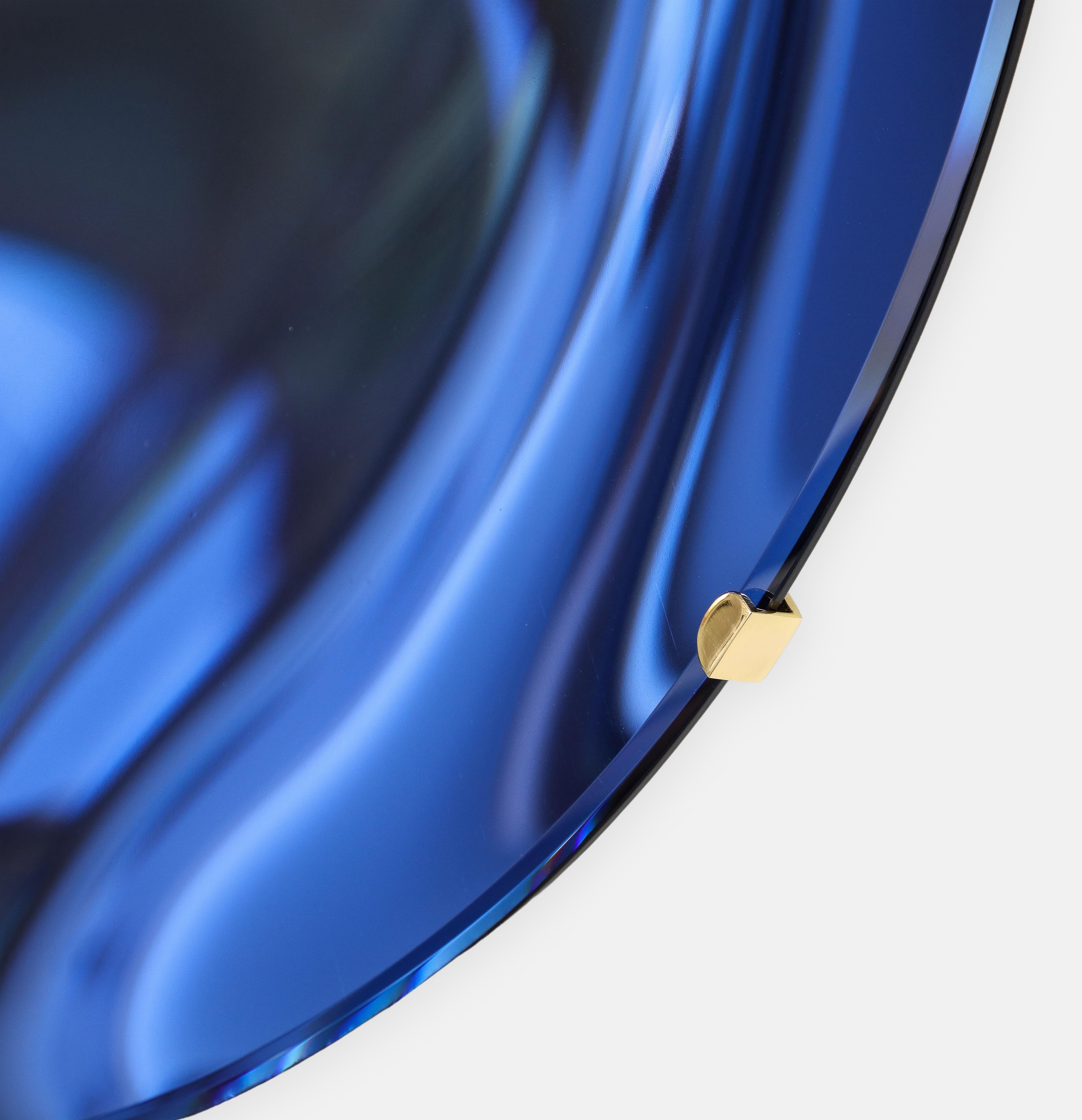Brass Effetto Vetro Contemporary Custom Sculptural Round Concave Mirror in Cobalt Blue For Sale