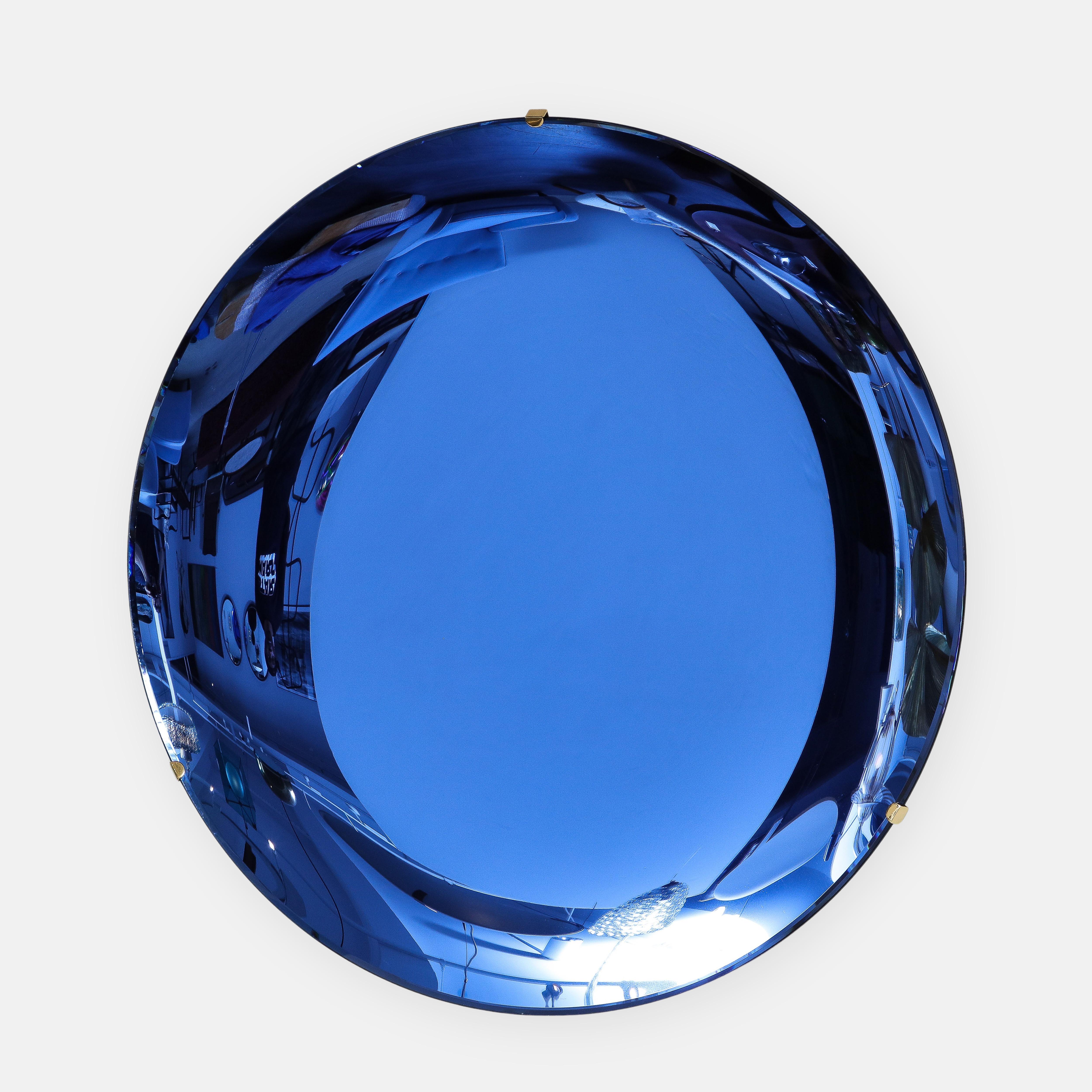 Mid-Century Modern Effetto Vetro Contemporary Custom Sculptural Round Concave Mirror in Cobalt Blue For Sale
