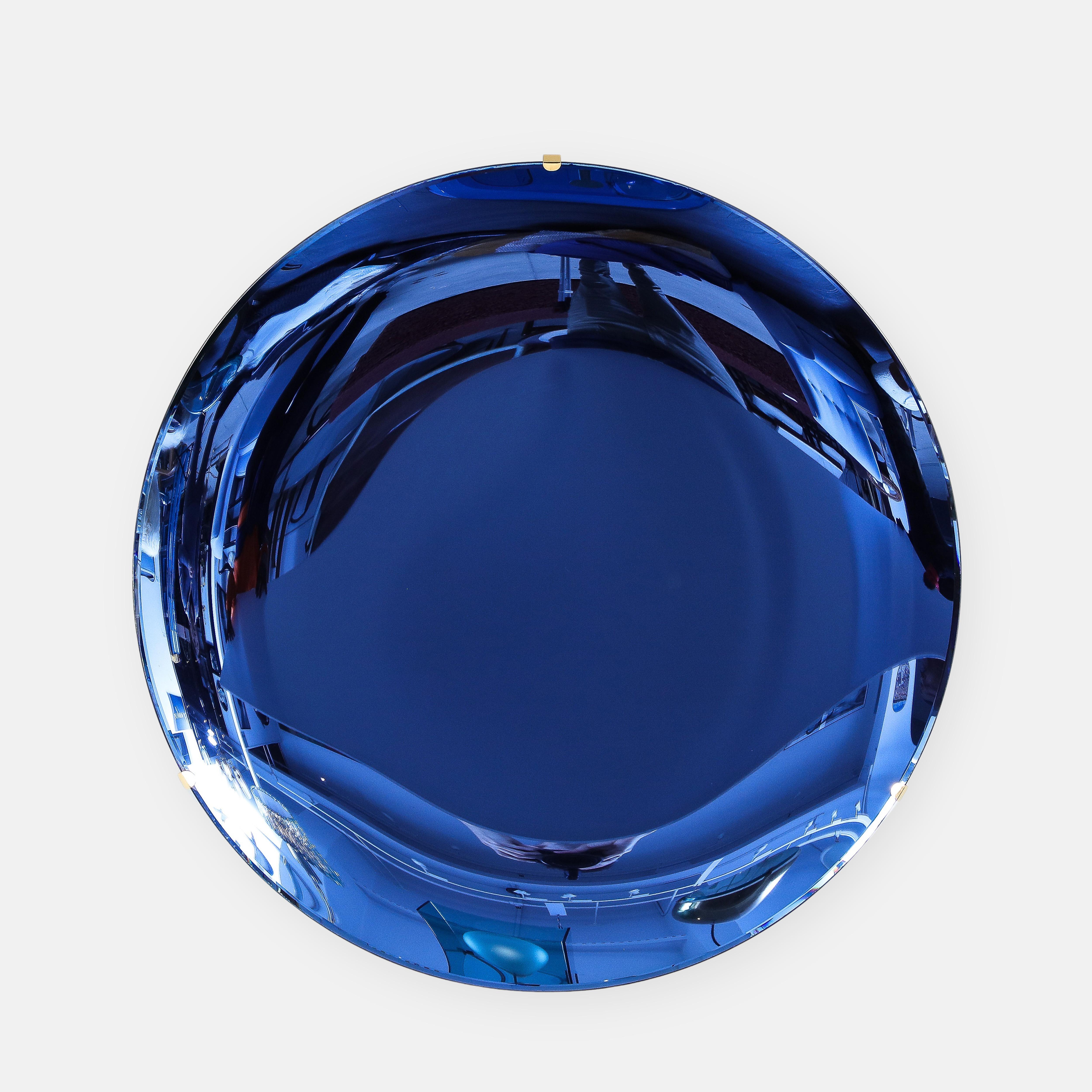 Italian Effetto Vetro Contemporary Custom Sculptural Round Concave Mirror in Cobalt Blue For Sale