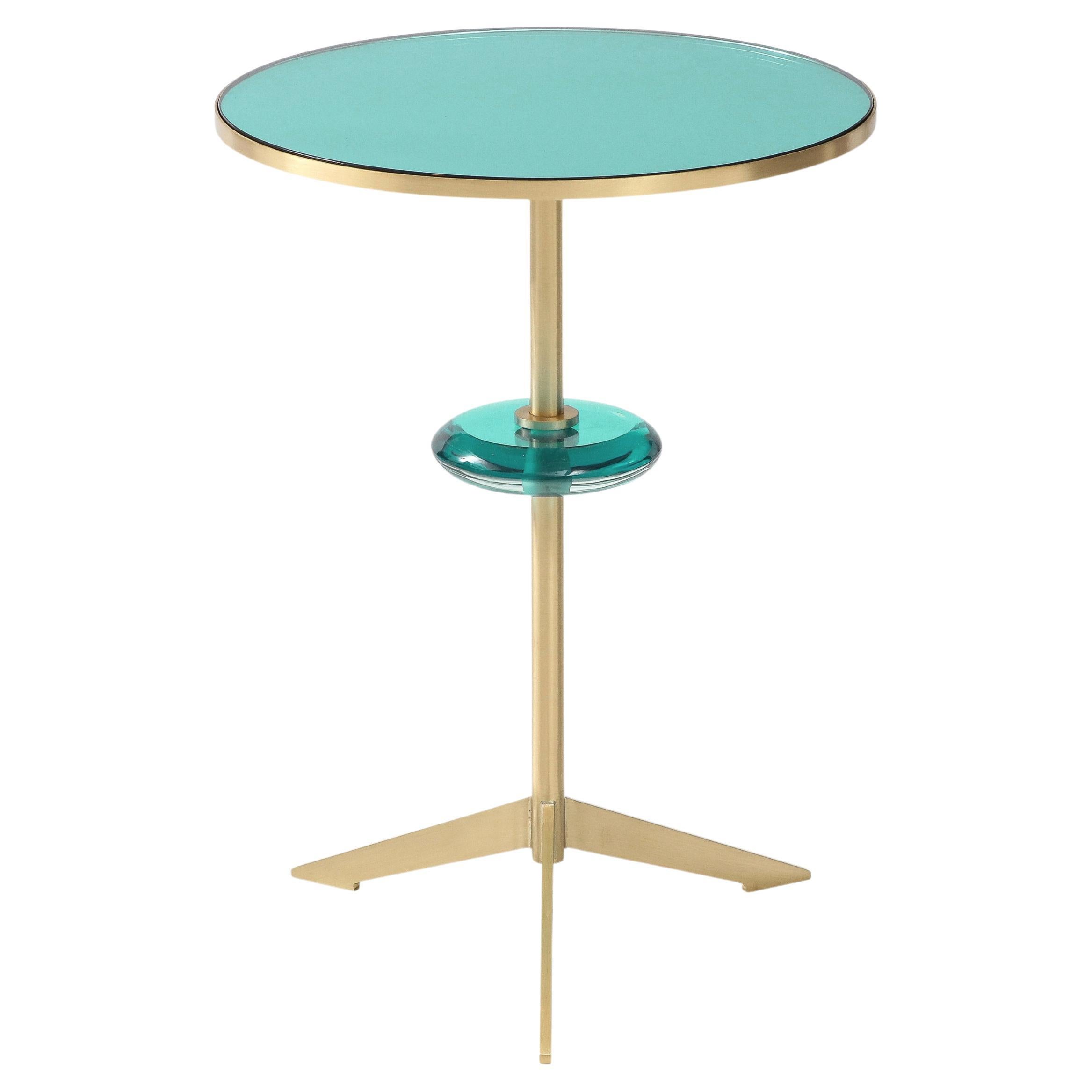Effetto Vetro Contemporary Custom Tripod Side Table in Glass and Brass For Sale