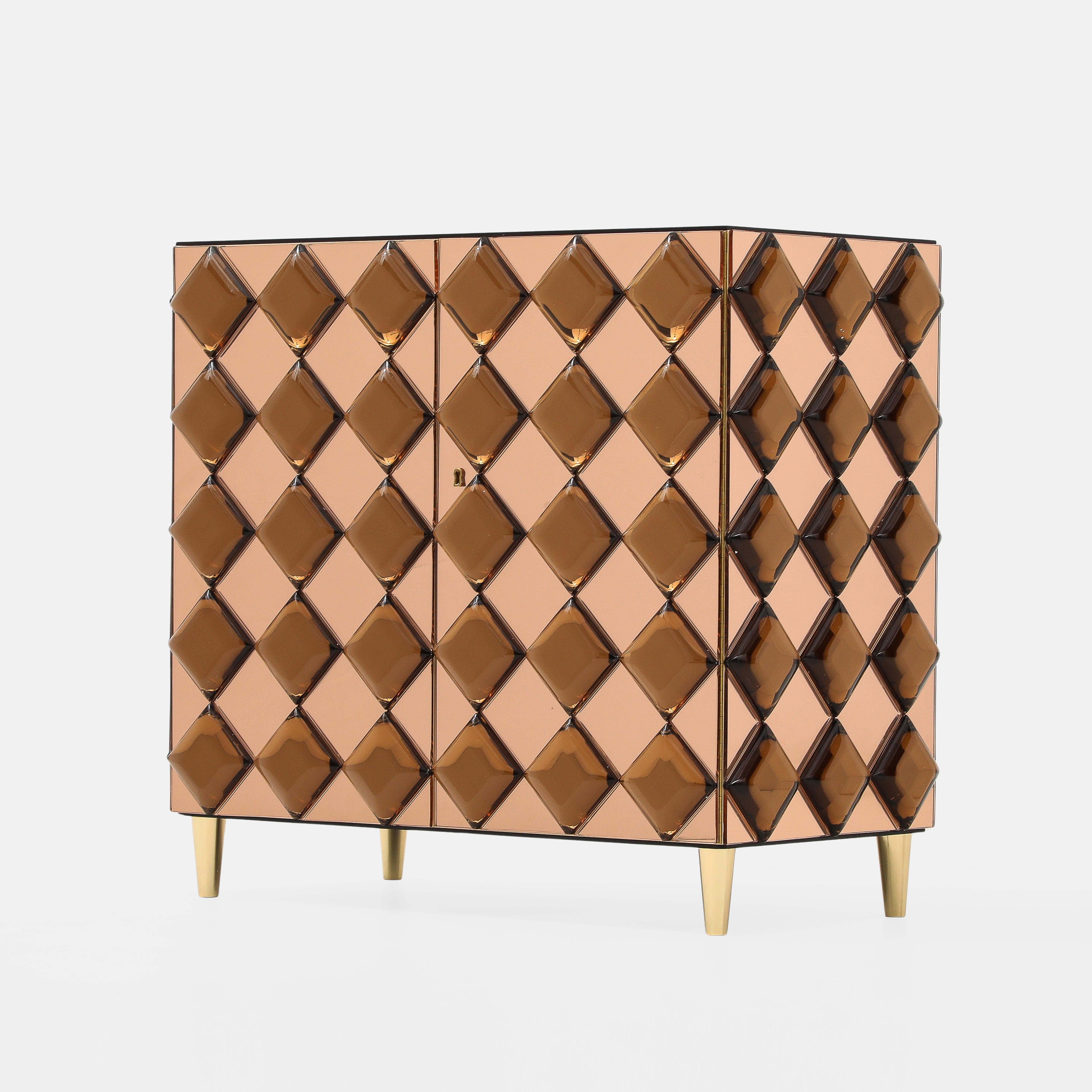 Mid-Century Modern Effetto Vetro Contemporary Custom Two-Door Cabinet in Glass and Brass For Sale