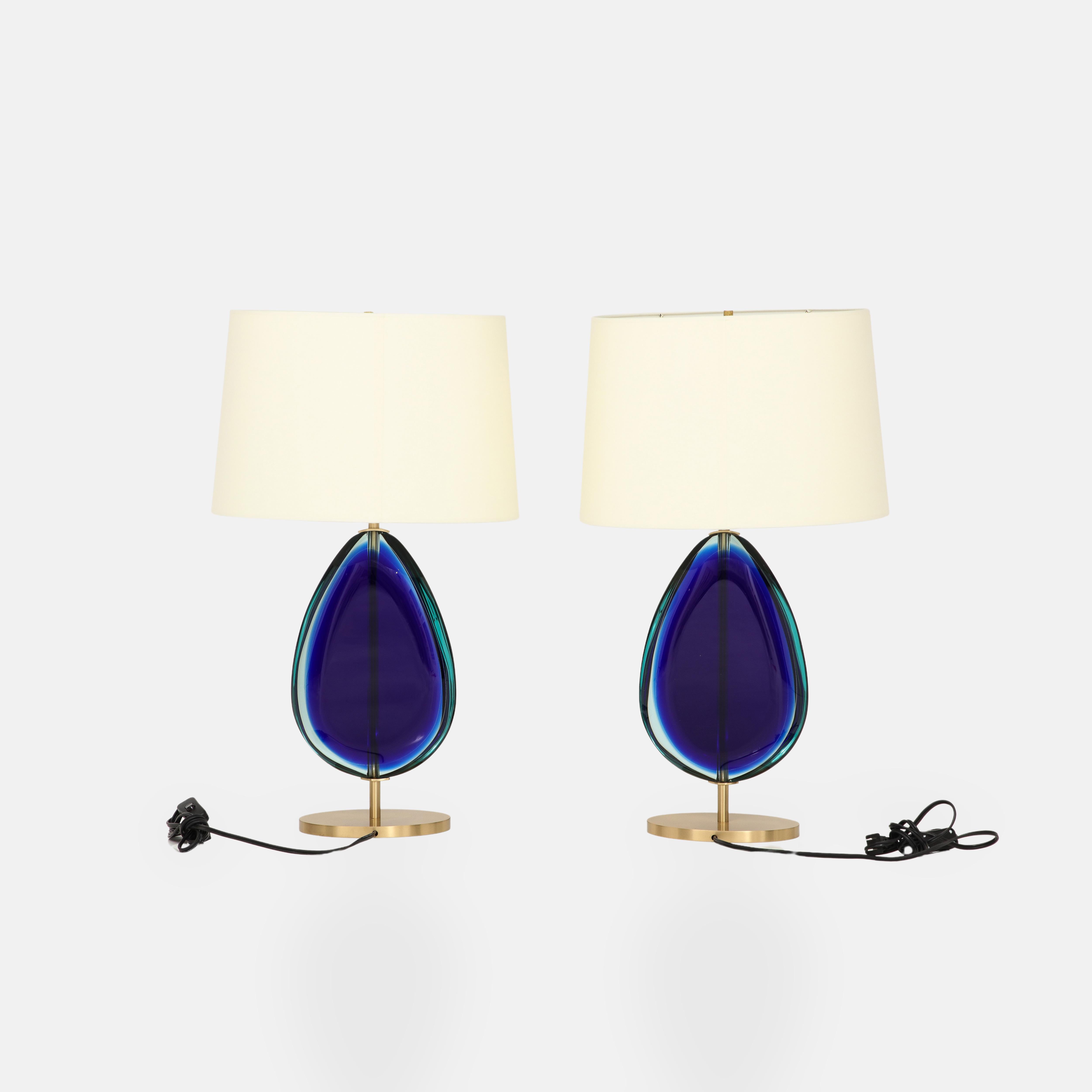 Italian Effetto Vetro Contemporary Pair of Blue Glass and Brass Table Lamps For Sale