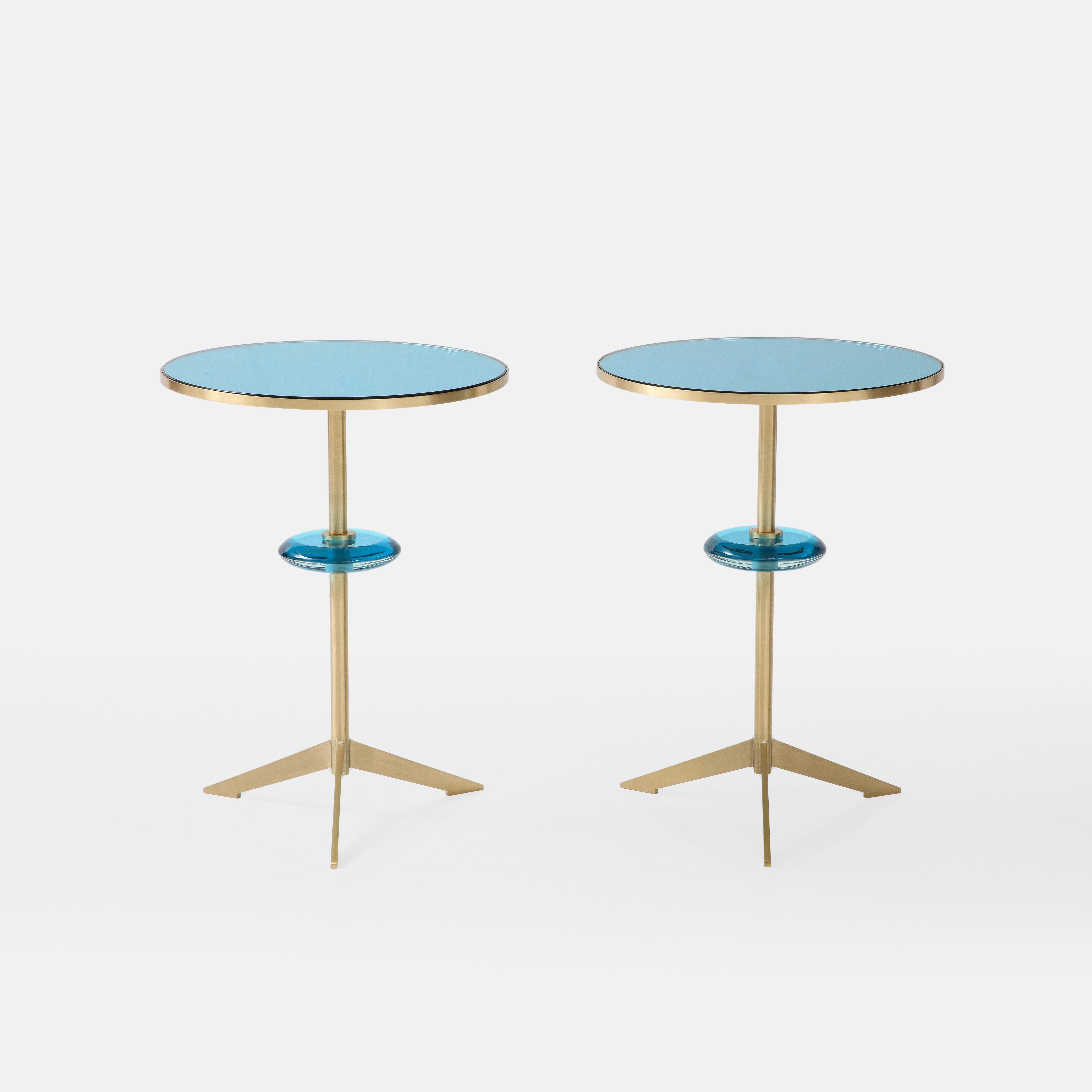 Mid-Century Modern Effetto Vetro Contemporary Custom Pair of Tripod Side Tables in Glass and Brass
